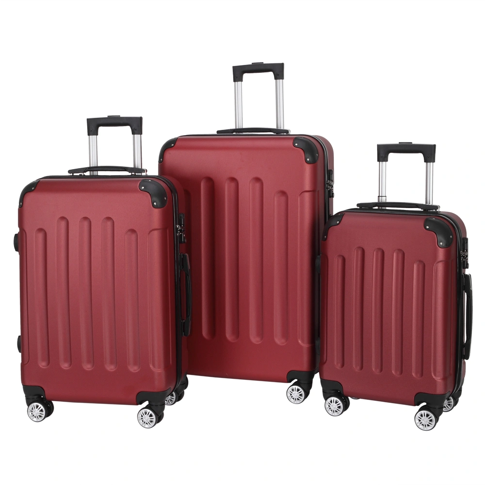 3-in-1 Portable ABS Trolley Luggage Set 20 24 28 Inch Wine Red Hard Shell Travel Suitcase with Wheels