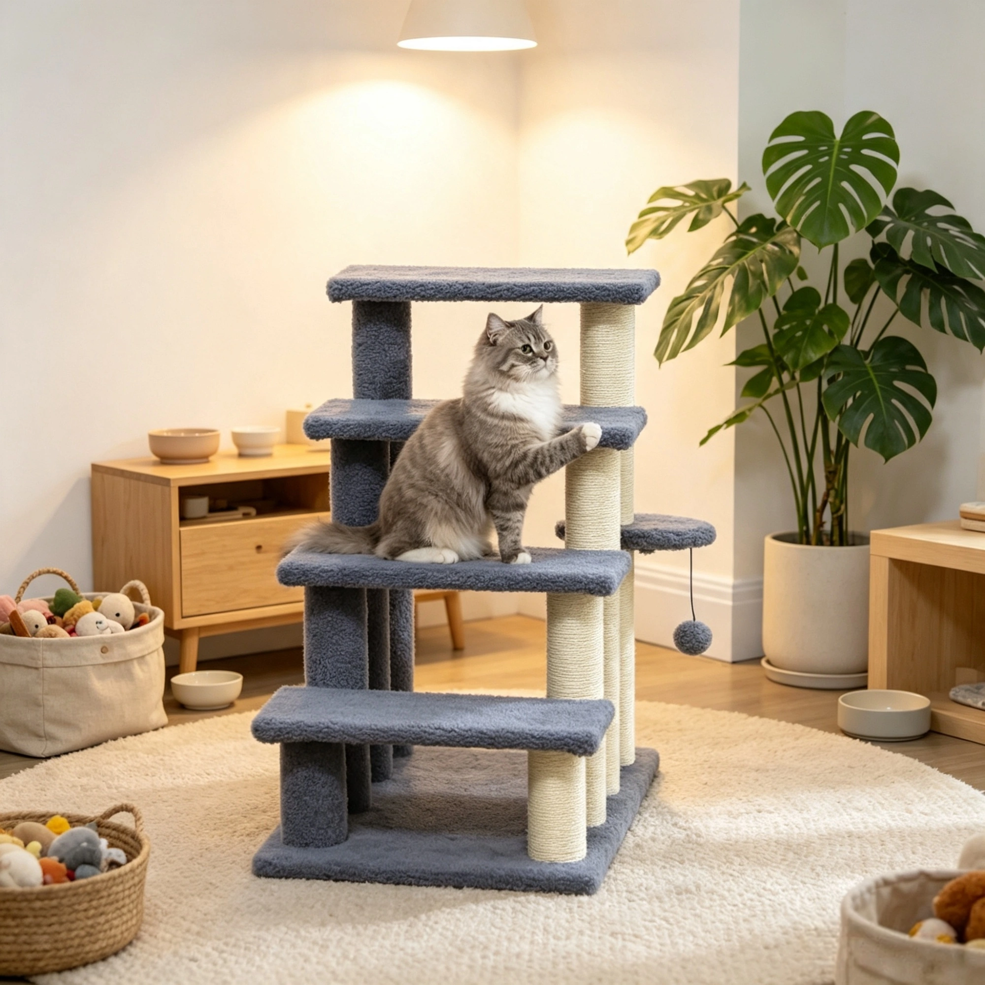 Gray 4-Tier Cat Climbing Steps with Scratching Posts, Pet Stairs for High Bed Sofa, Indoor Bedroom Living Room view 5