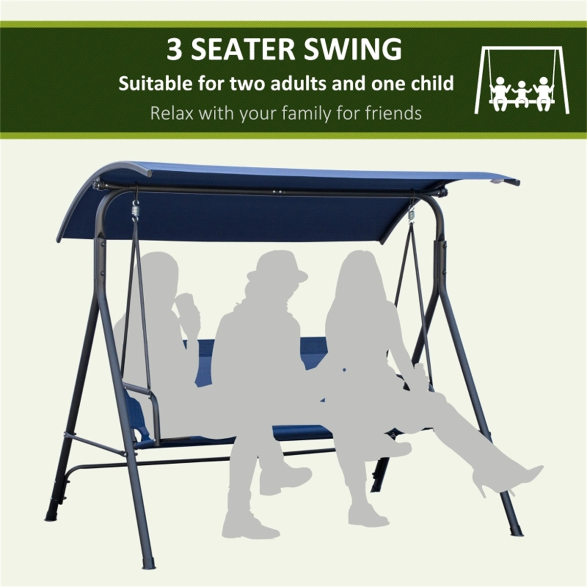 3-Seat Outdoor Patio Swing Chair with Canopy, Dark Blue Wicker Rattan Garden Hammock Hanging Couch for Yard Deck Porch (Amazon Shipping) view 4