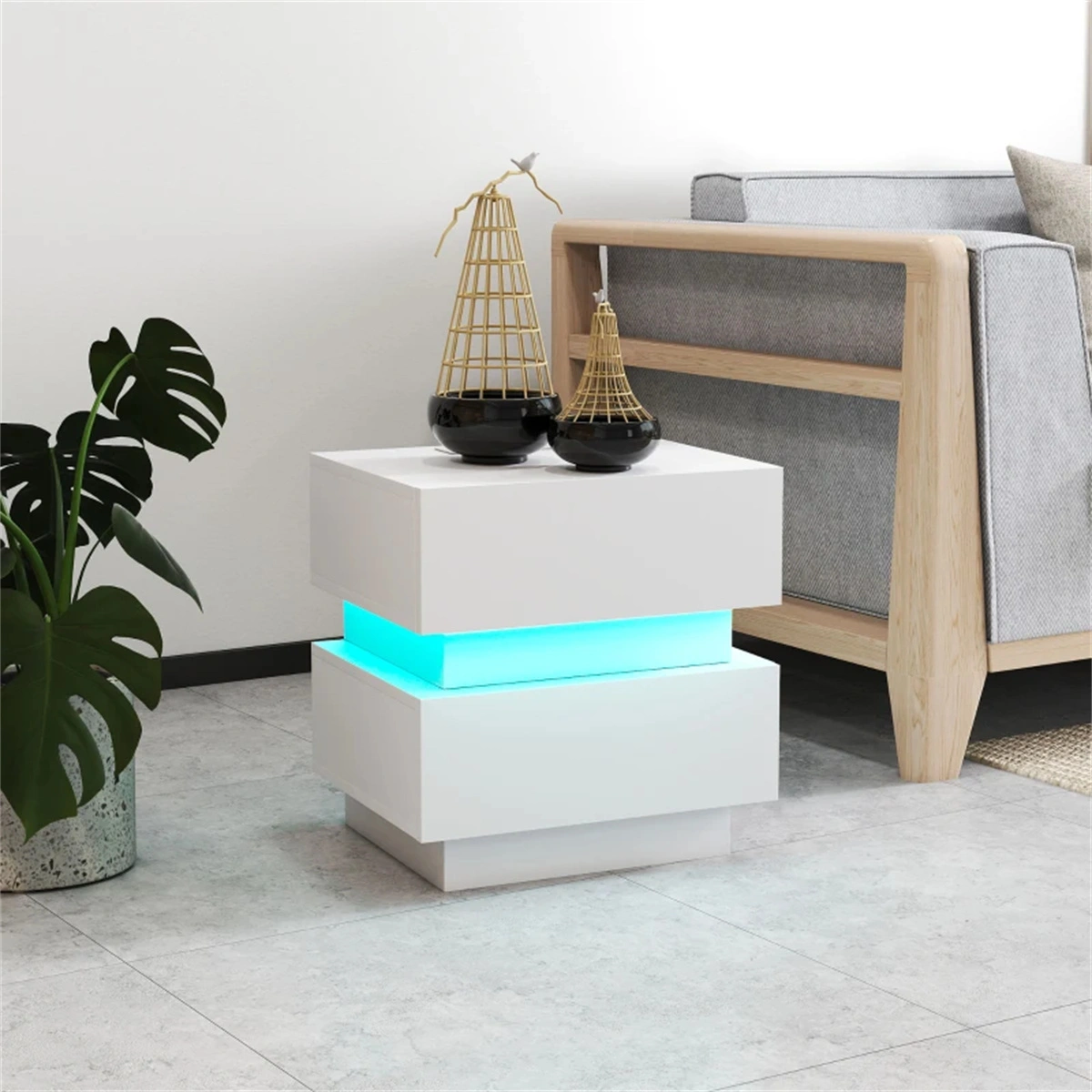 Smart Bedside Table w/ Wireless Charging Station & Dimmable LED Light - USB Ports, Nightstand Storage Organizer