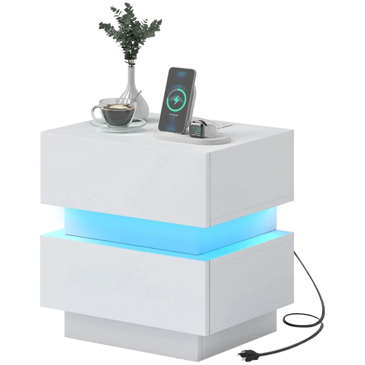 Smart Bedside Table w/ Wireless Charging Station & Dimmable LED Light - USB Ports, Nightstand Storage Organizer view 2