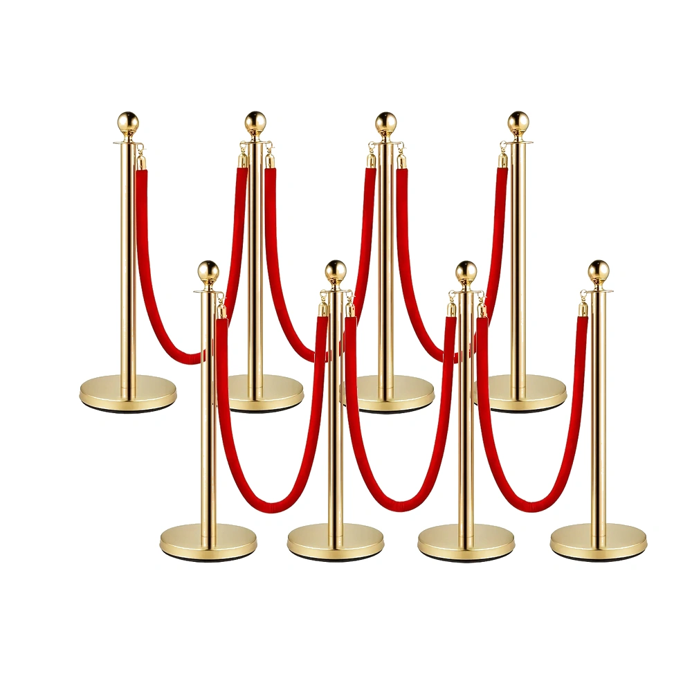 8-Piece Gold Stanchion Set with 6 Red Velvet Ropes - Crowd Control Barrier Posts for Party Event Queue