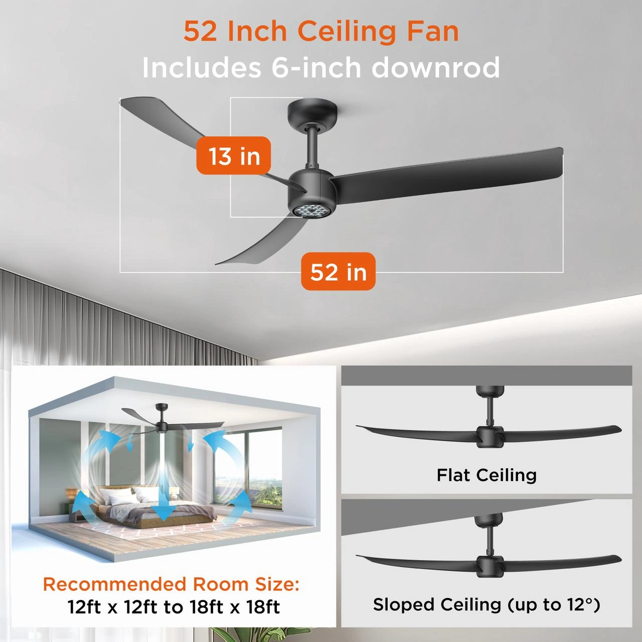52 Inch Ceiling Fans with Lights Led Remote Control Low Profile Flush Mount for Living Room Bedroom Outdoor Patio,DC Motor,Reversible,Dimmable,Buzzer ON/Off, 3D-I3[Unable ship on weekends, TK/TEMU only for pickup, only TX10643 warehouse supports GOFO view 2
