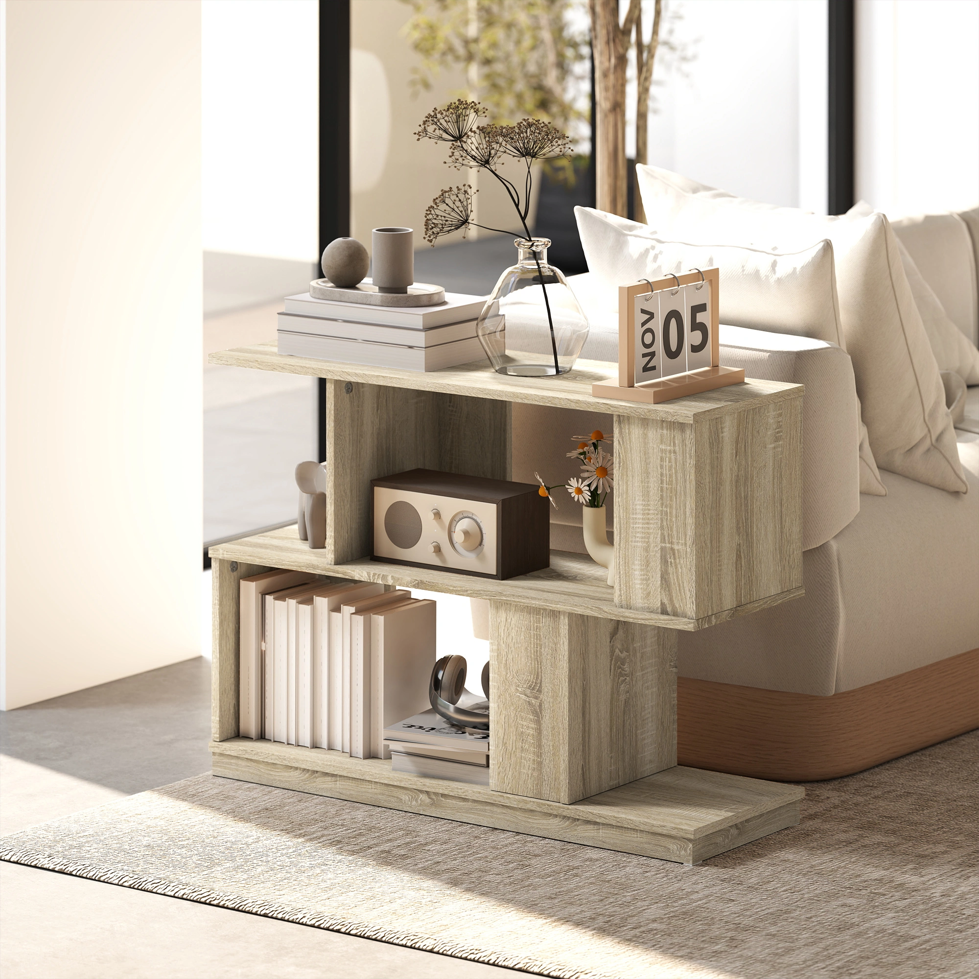 Rattan Coffee Table, Woven Accent Side Table with Storage Shelf for Living Room, Bedroom, Small Space