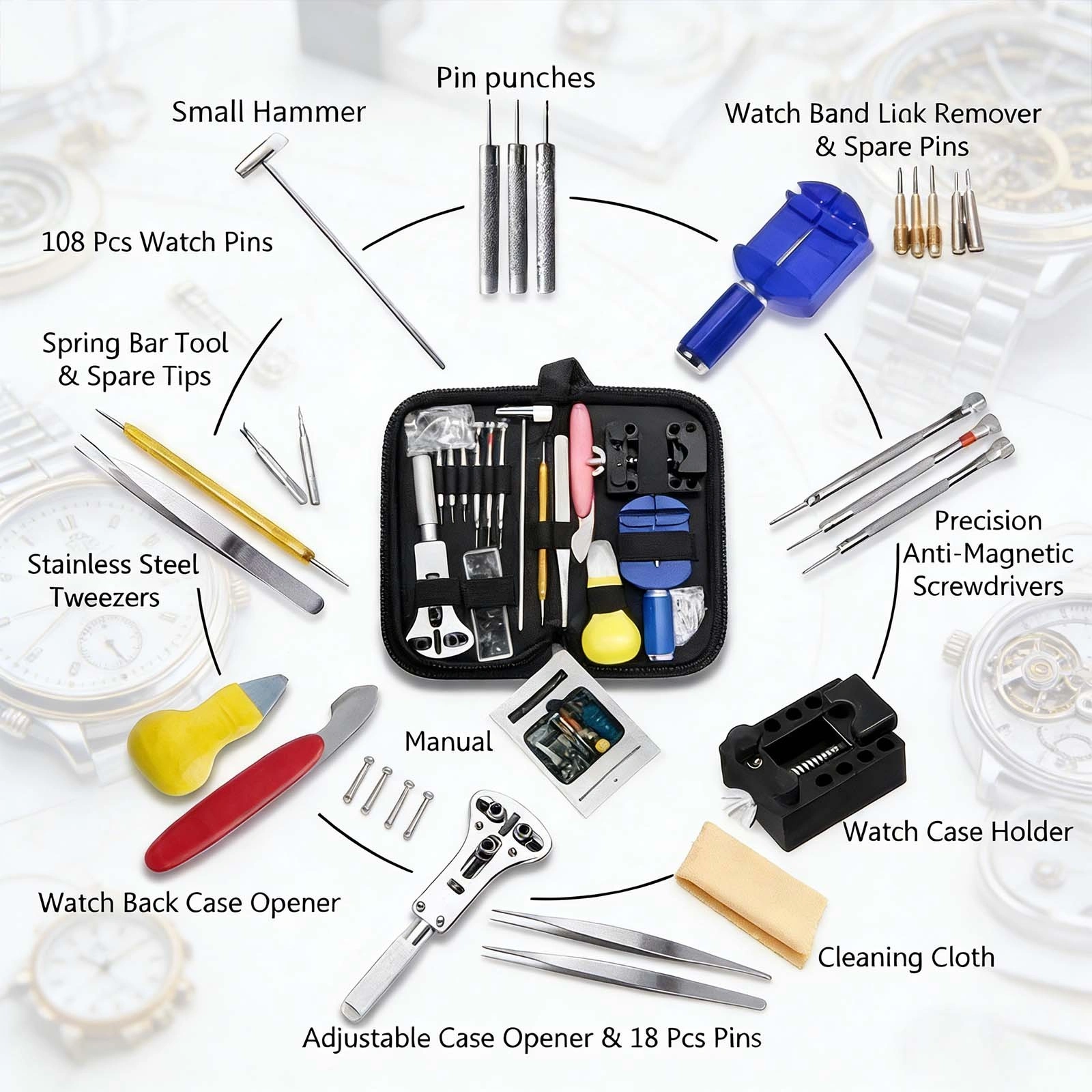 147PCS Watch Repair Tool Kit Case Opener Spring Bar Pin Remover Watchmaker