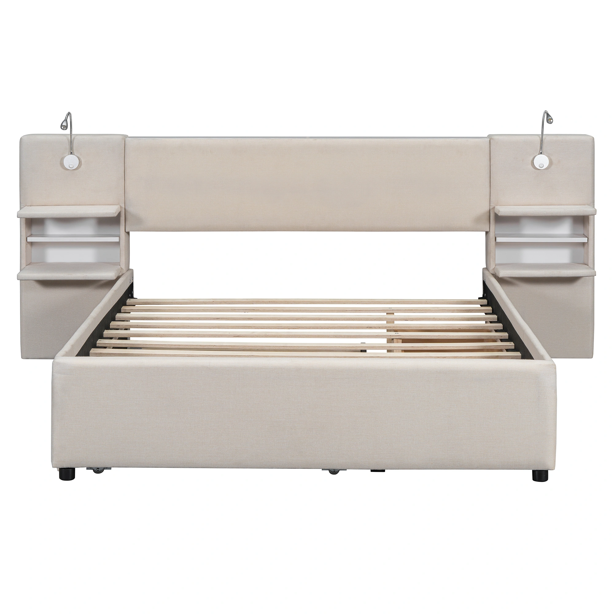 Full Size Velvet Wood Bed Frame with Storage, Beige Upholstered Platform Bed view 10
