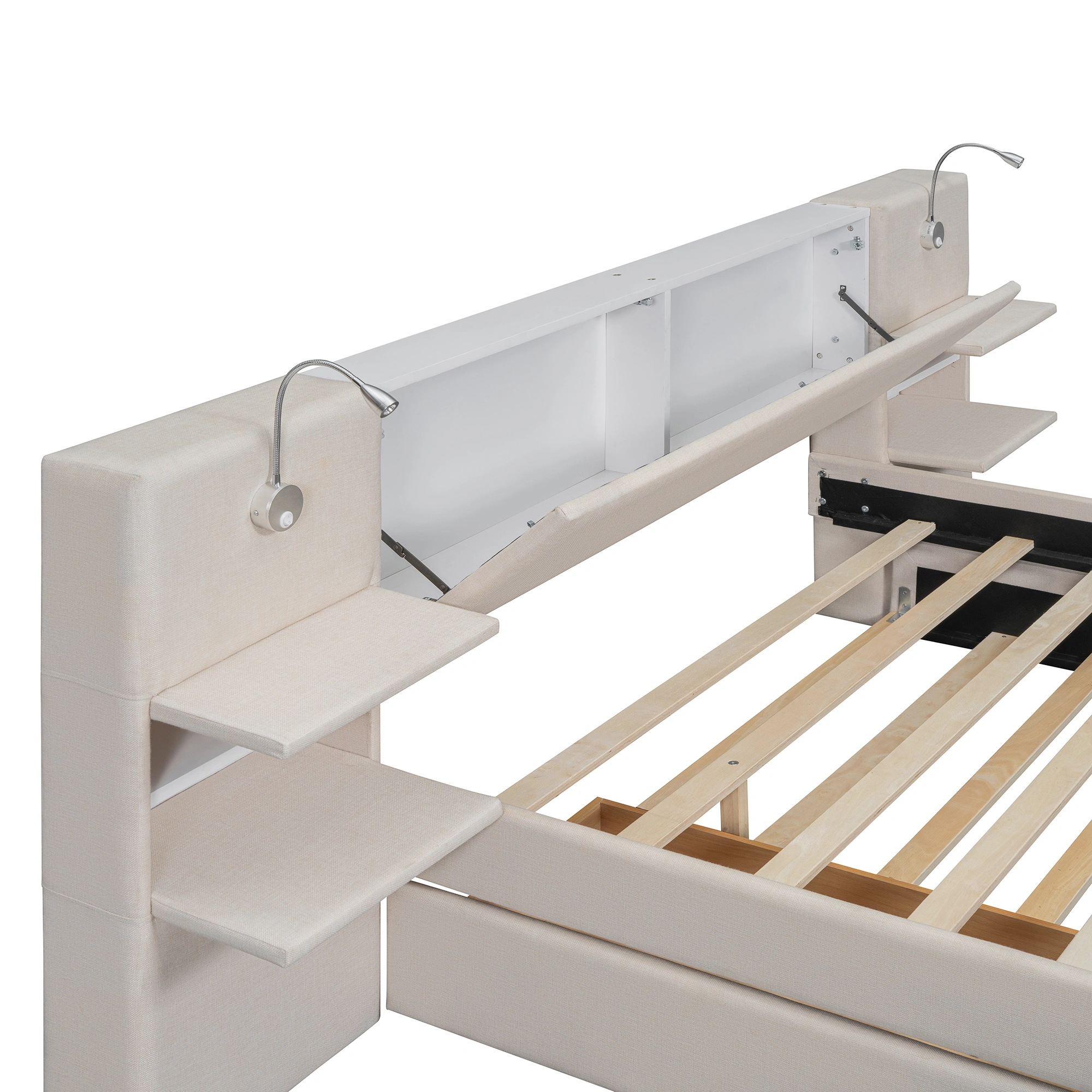 Full Size Velvet Wood Bed Frame with Storage, Beige Upholstered Platform Bed view 12