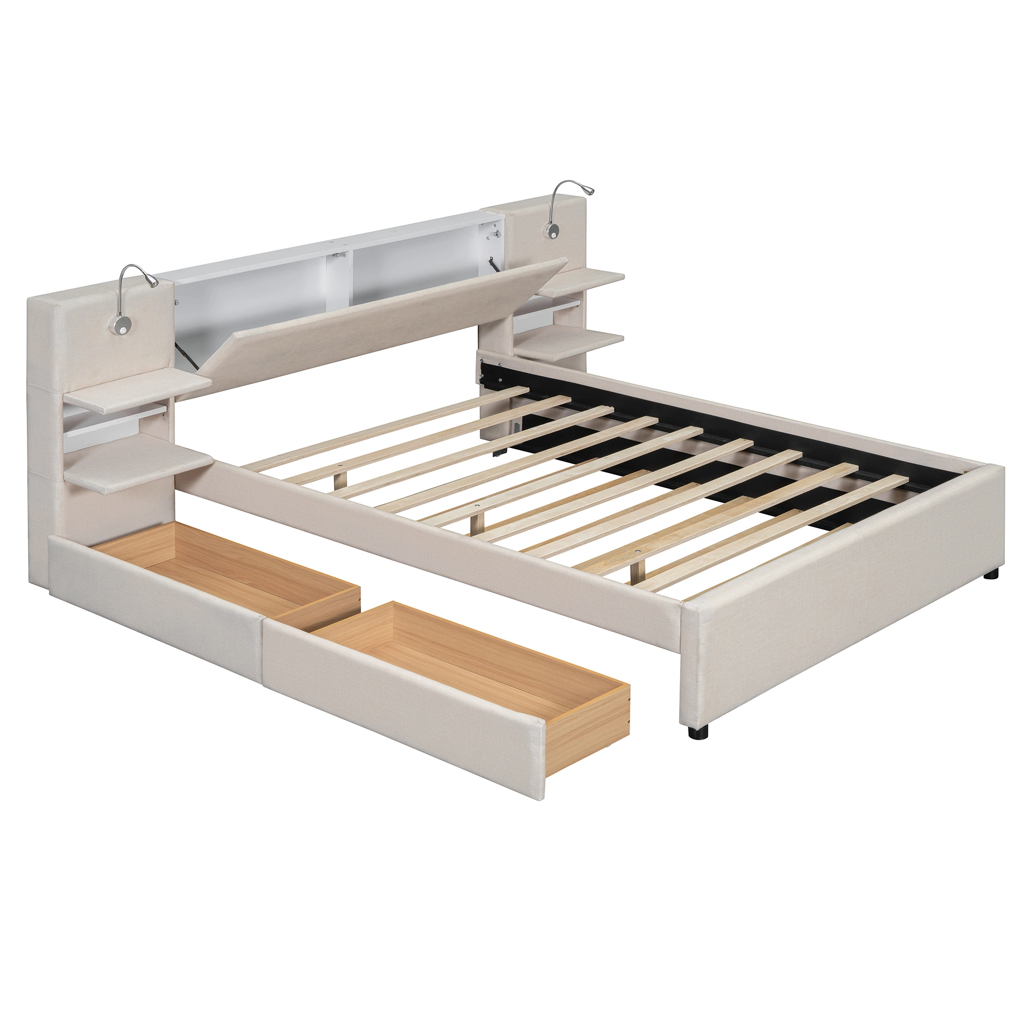 Full Size Velvet Wood Bed Frame with Storage, Beige Upholstered Platform Bed view 13