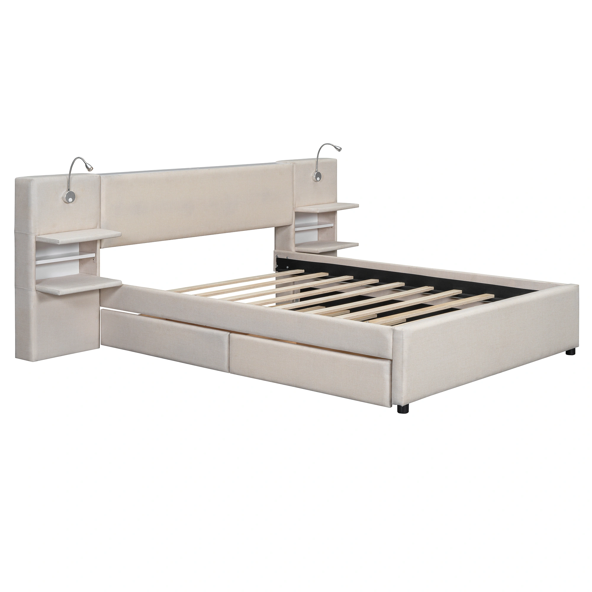Full Size Velvet Wood Bed Frame with Storage, Beige Upholstered Platform Bed view 15