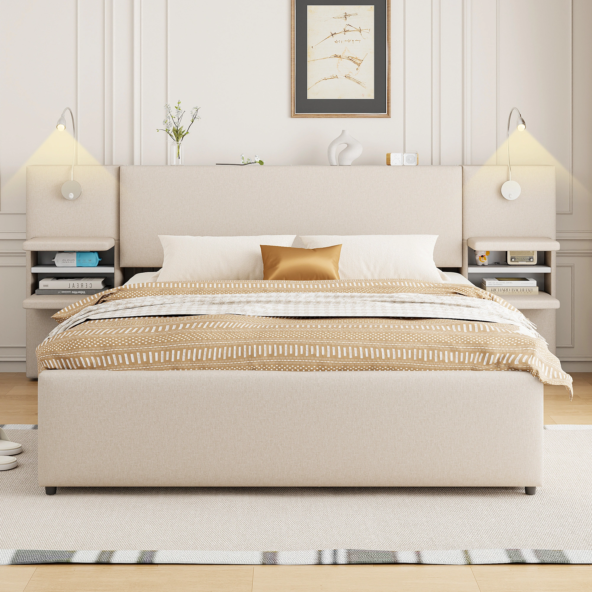Full Size Velvet Wood Bed Frame with Storage, Beige Upholstered Platform Bed view 16