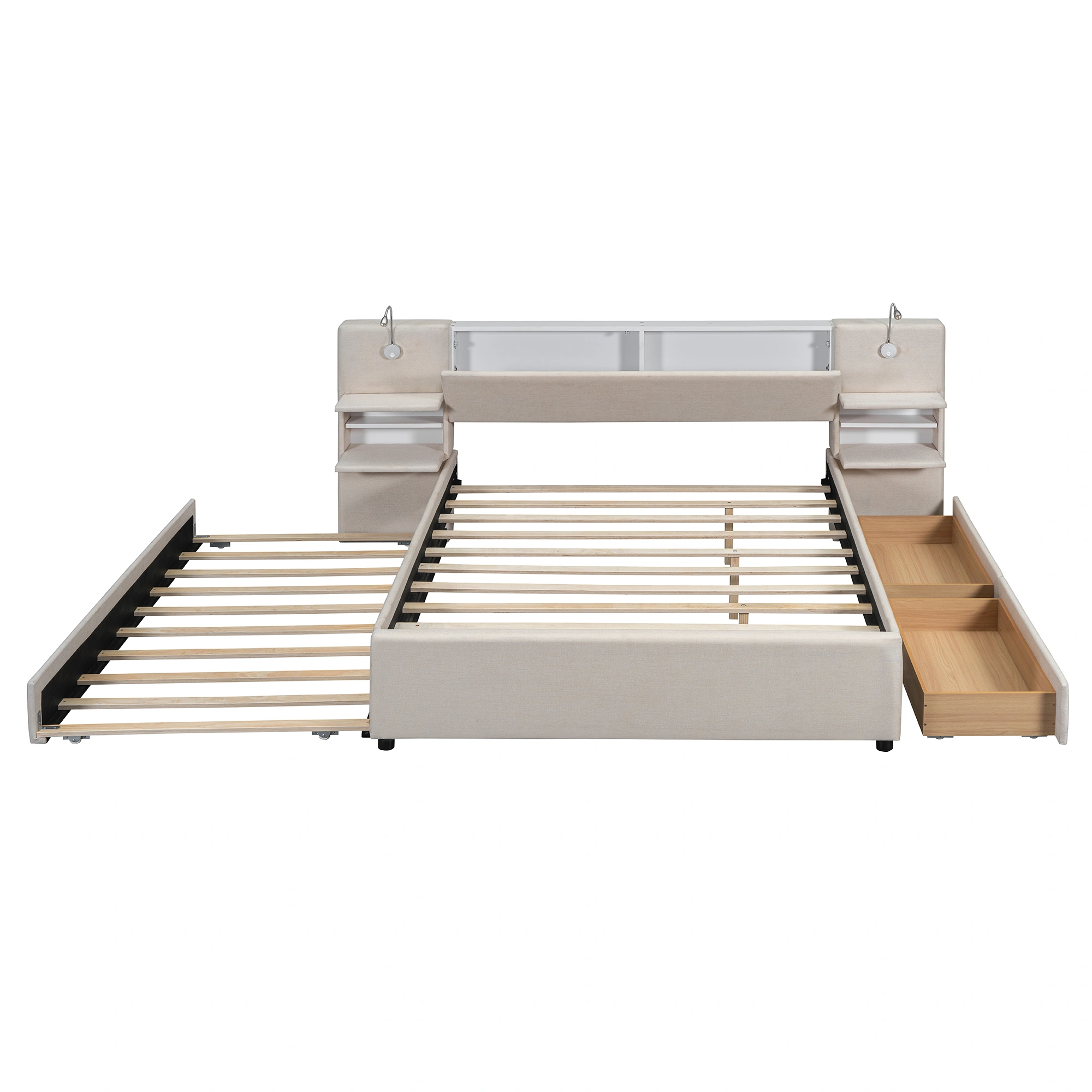Full Size Velvet Wood Bed Frame with Storage, Beige Upholstered Platform Bed view 3