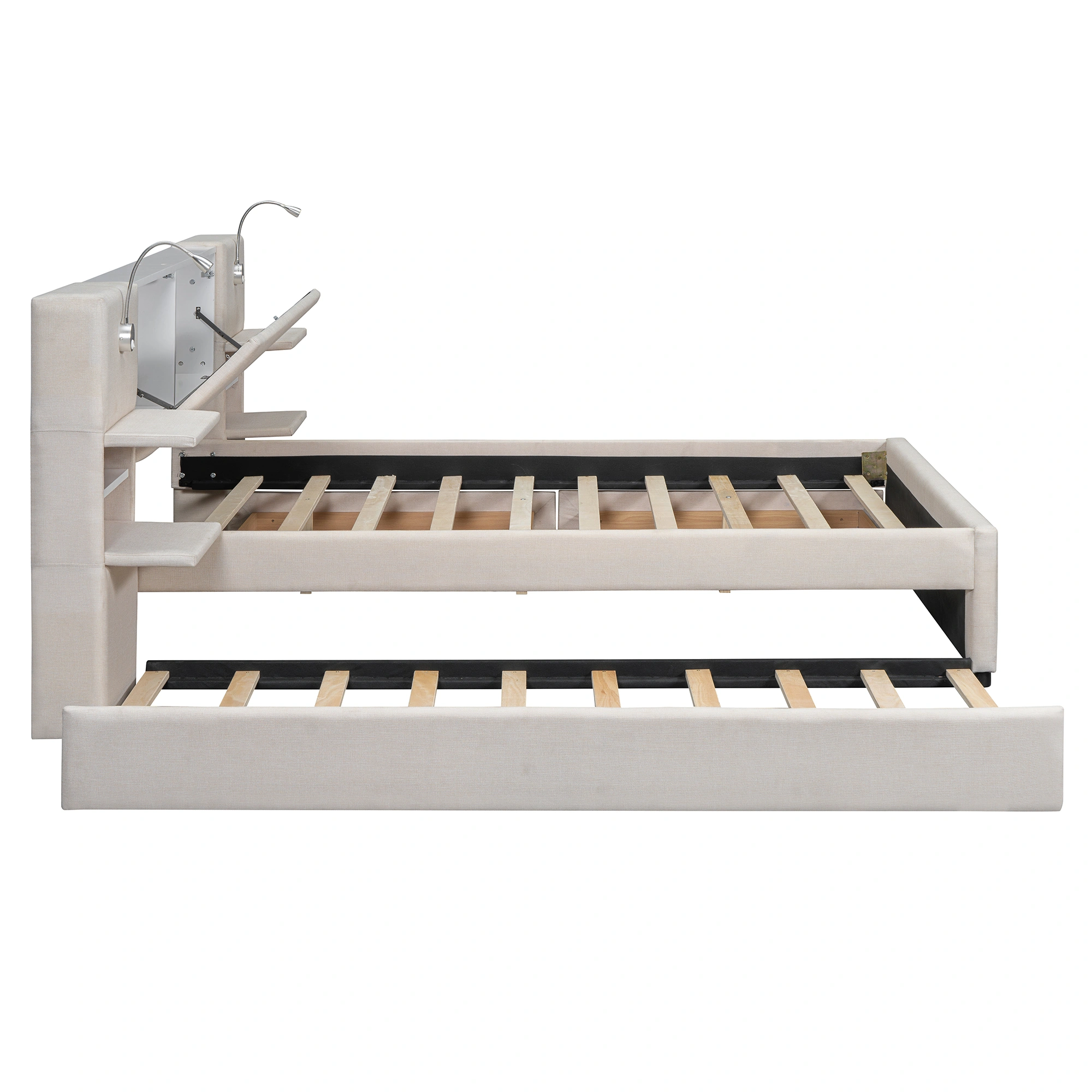 Full Size Velvet Wood Bed Frame with Storage, Beige Upholstered Platform Bed view 5