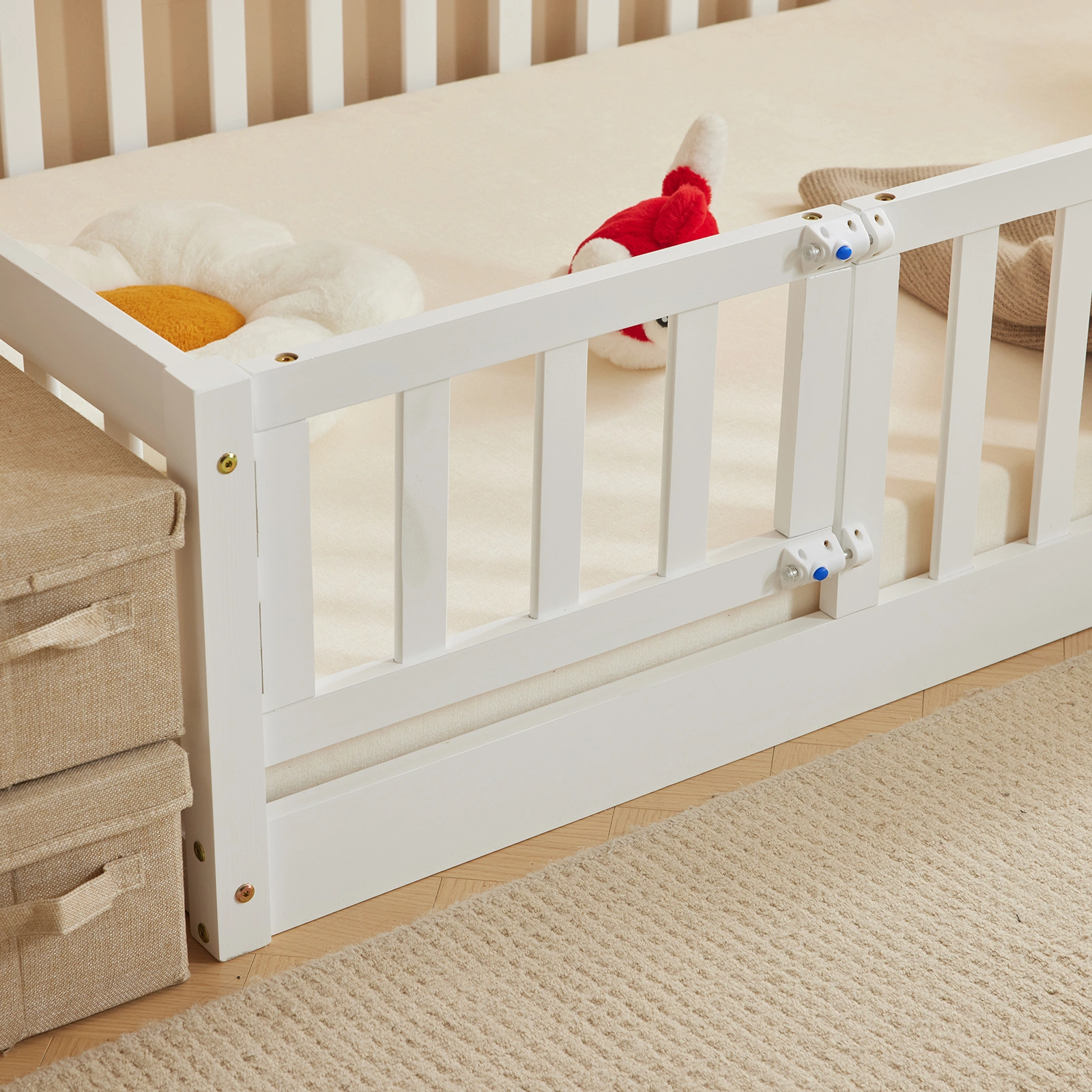 White Painted Pine Wood Fence Bed with Door & Deck - Twin Size Kids Wooden Bed for Children's Room view 10