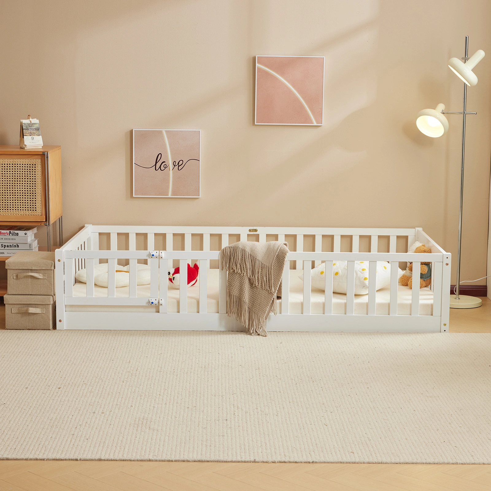White Painted Pine Wood Fence Bed with Door & Deck - Twin Size Kids Wooden Bed for Children's Room view 12