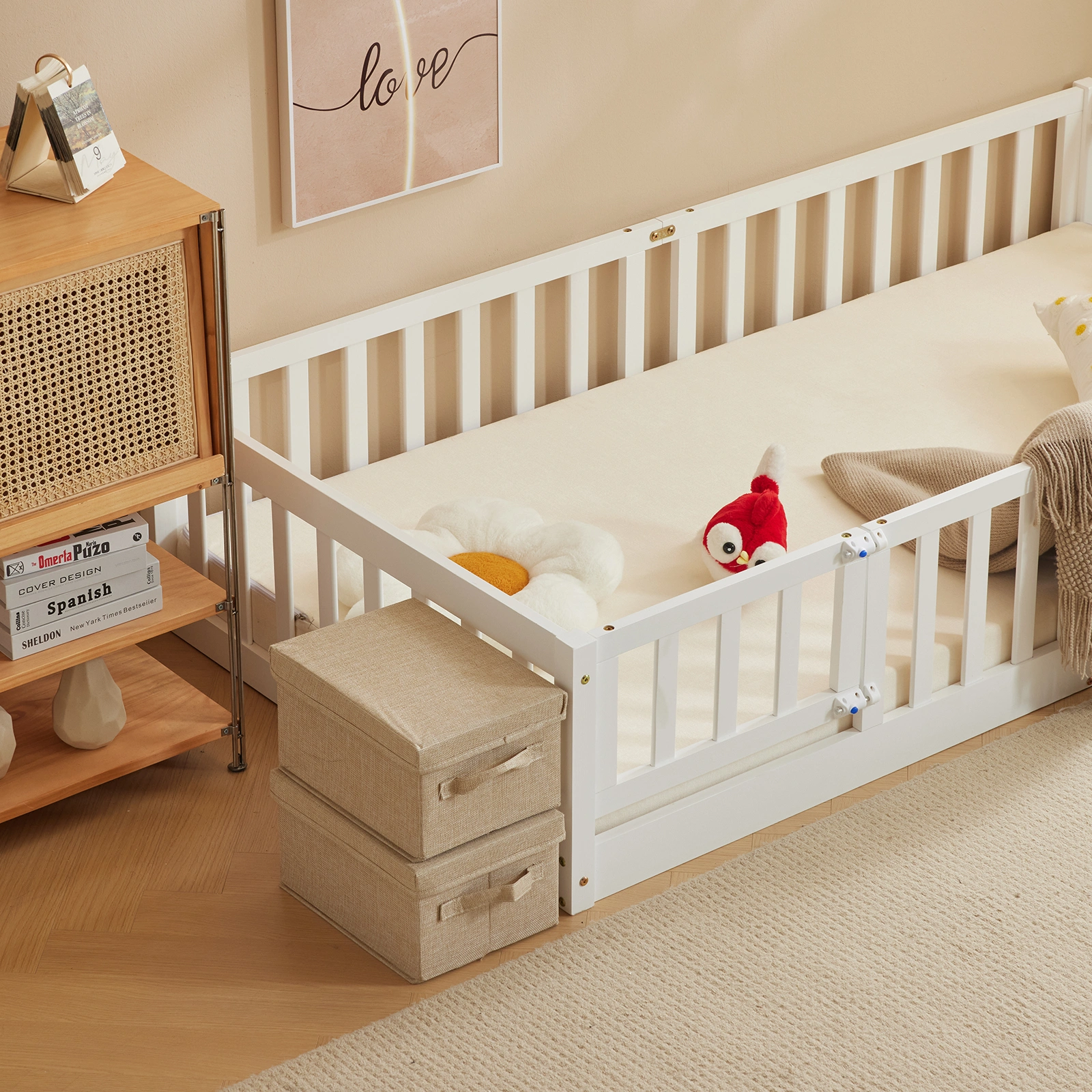 White Painted Pine Wood Fence Bed with Door & Deck - Twin Size Kids Wooden Bed for Children's Room view 17