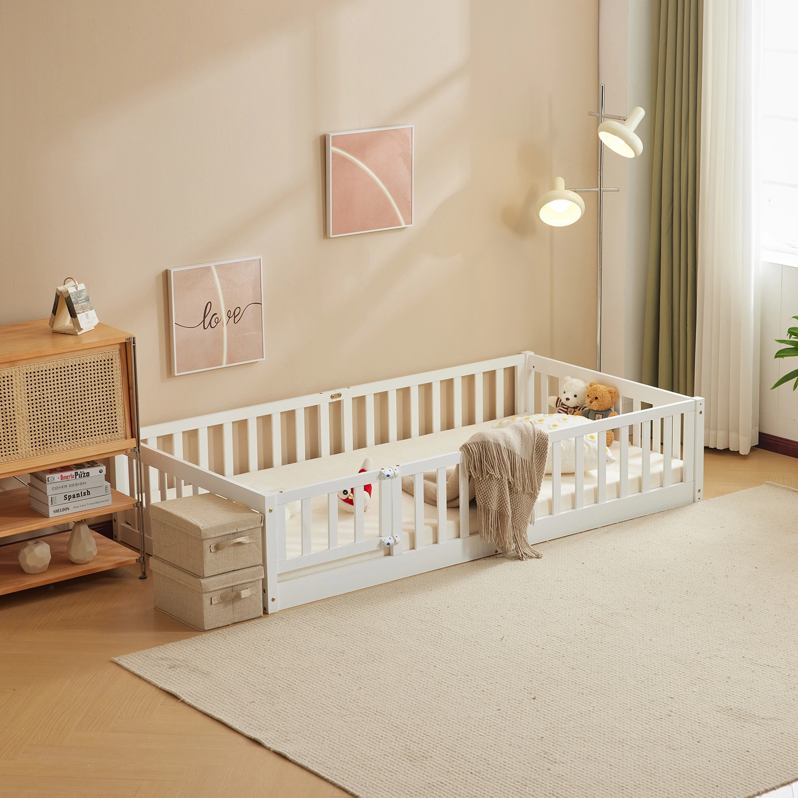 White Painted Pine Wood Fence Bed with Door & Deck - Twin Size Kids Wooden Bed for Children's Room view 19