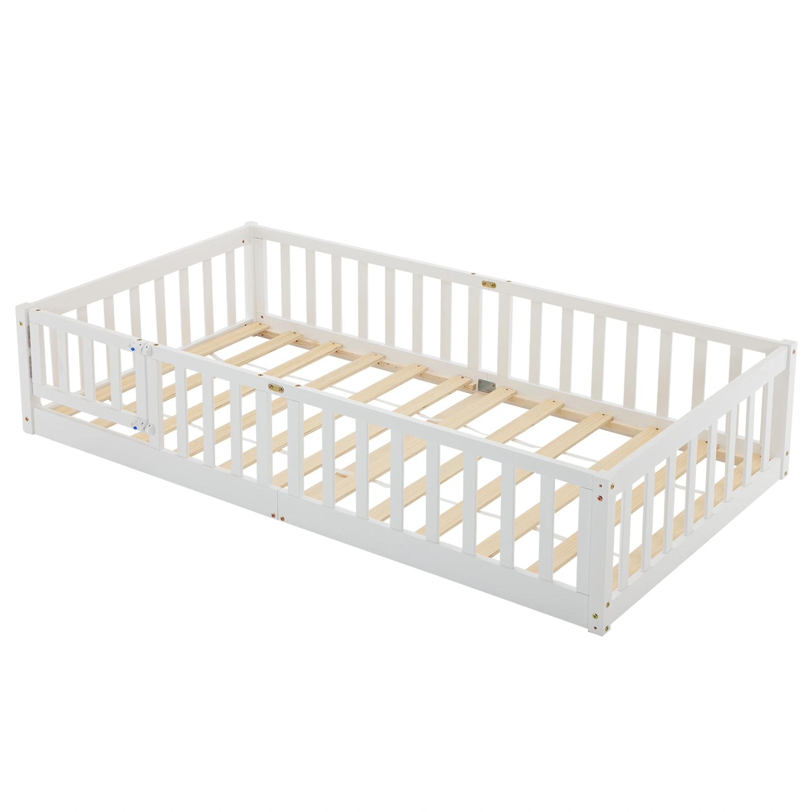 White Painted Pine Wood Fence Bed with Door & Deck - Twin Size Kids Wooden Bed for Children's Room view 2