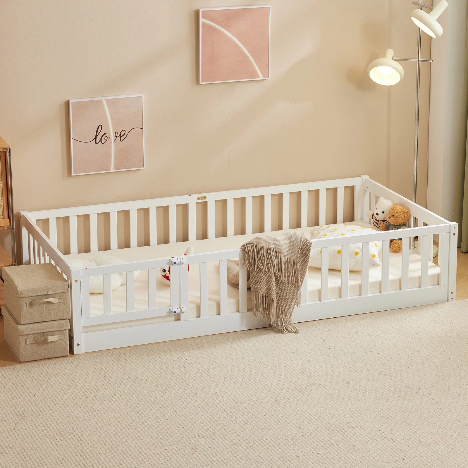 White Painted Pine Wood Fence Bed with Door & Deck - Twin Size Kids Wooden Bed for Children's Room view 20