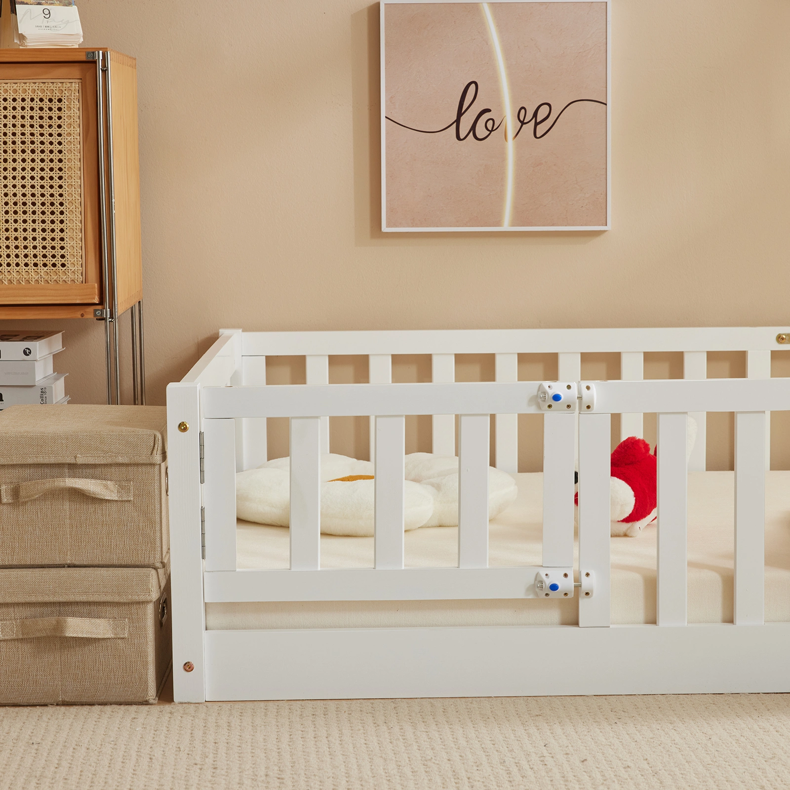 White Painted Pine Wood Fence Bed with Door & Deck - Twin Size Kids Wooden Bed for Children's Room view 23