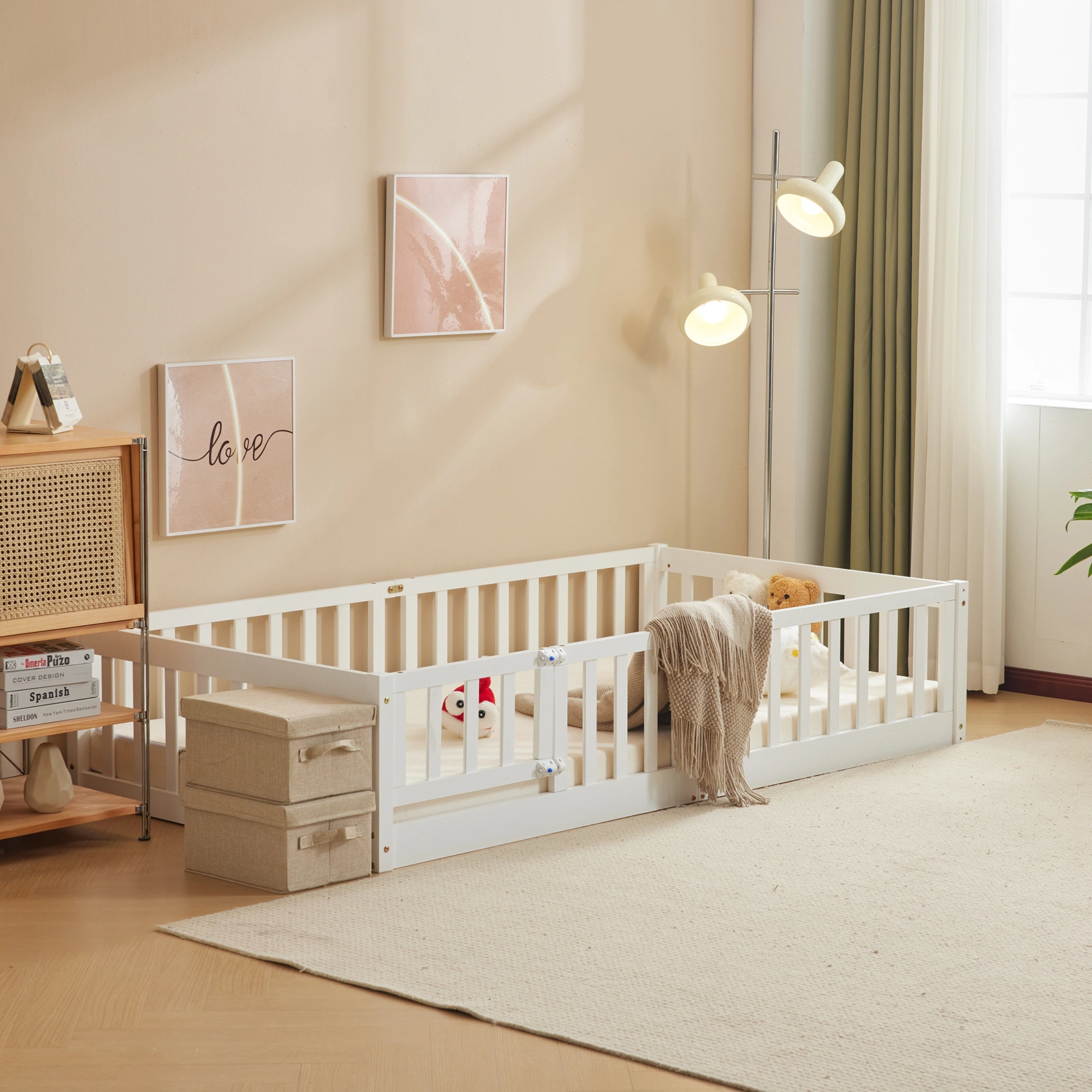 White Painted Pine Wood Fence Bed with Door & Deck - Twin Size Kids Wooden Bed for Children's Room view 4