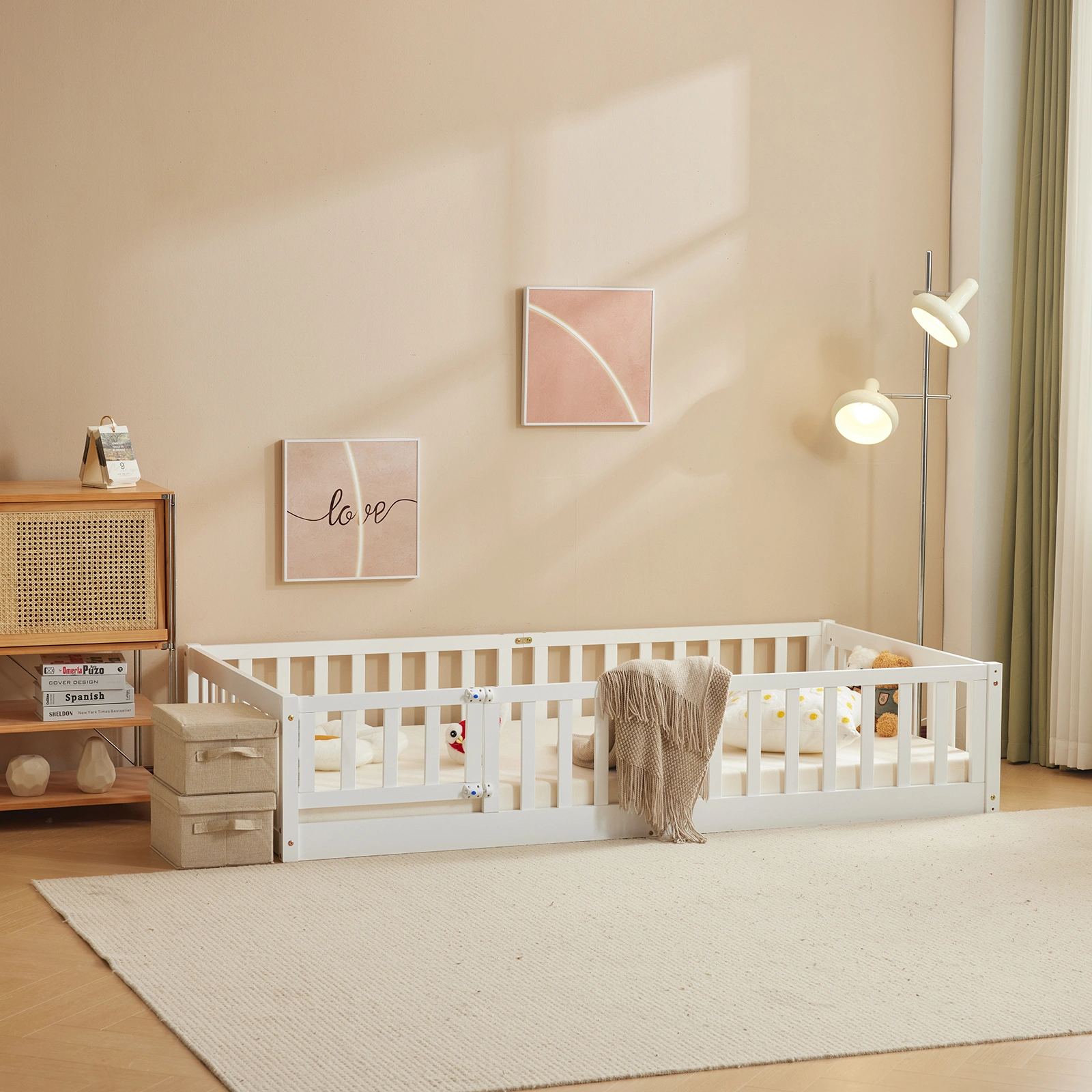 White Painted Pine Wood Fence Bed with Door & Deck - Twin Size Kids Wooden Bed for Children's Room view 6