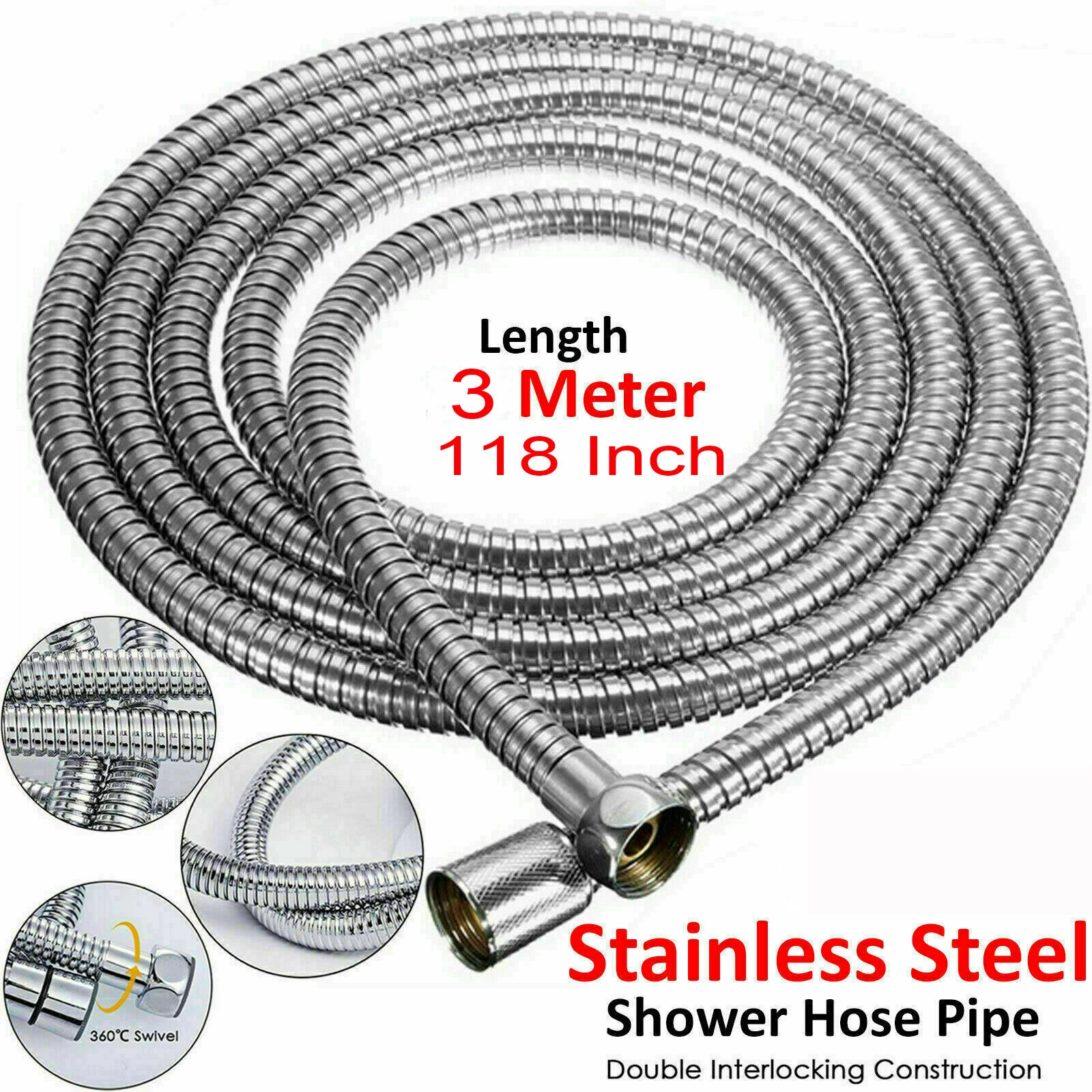Handheld Shower Hose 3m/118" Flexible Tube Replacement for Bathroom Showerhead Not Included view 2