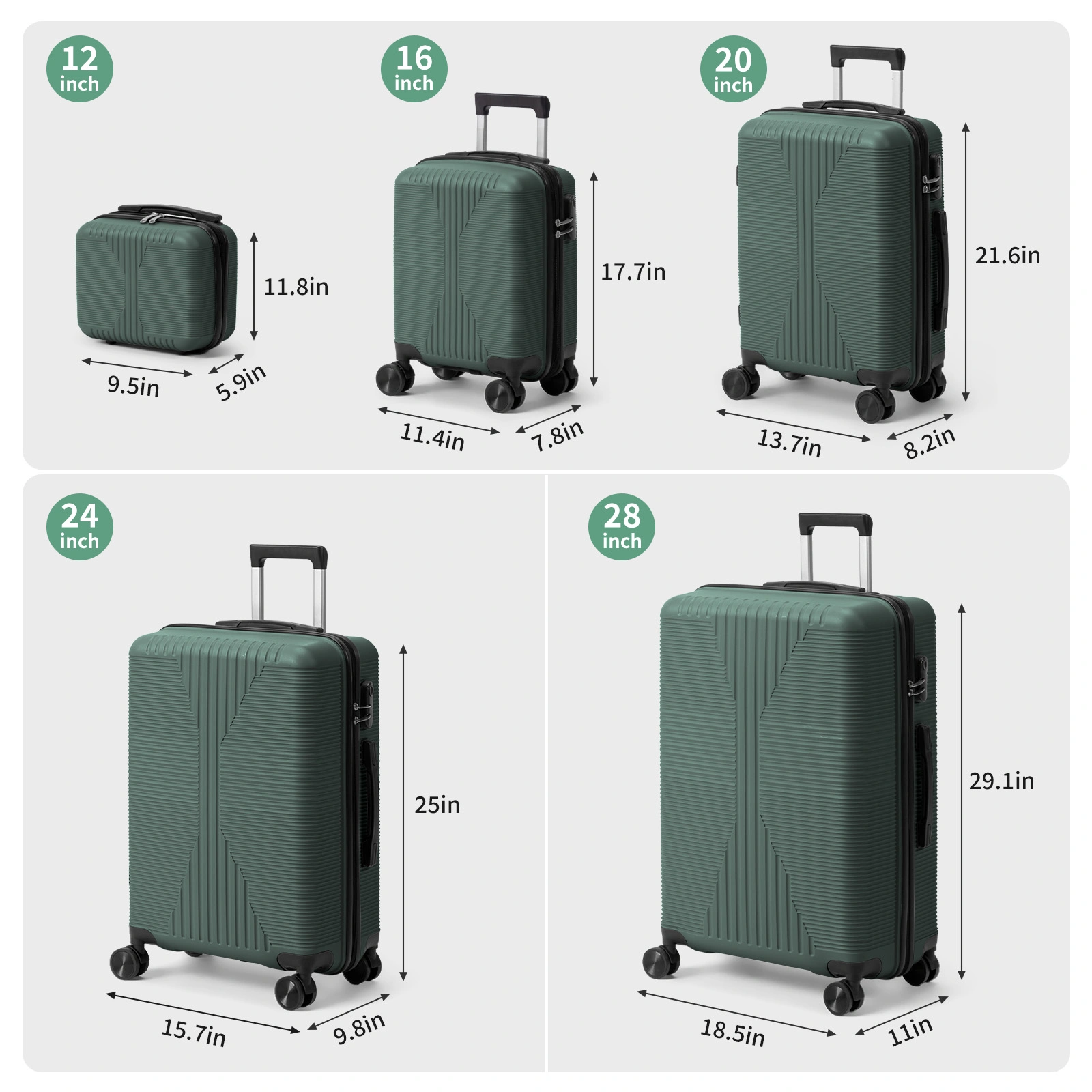 5-Piece PP Spinner Luggage Set with Non-TSA Lock, 12/16/20/24/28 Inch, Dark Green view 23