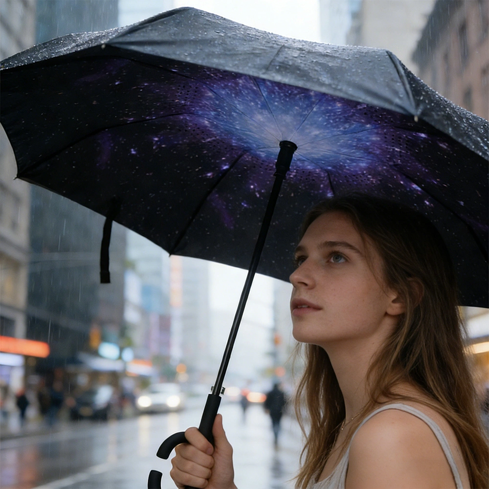 Starry Sky Pattern Double Layer Inverted Umbrella, Reverse Open Folding for Cars, Windproof UV Protection, Large Self Standing, Upside Down with C Handle view 2