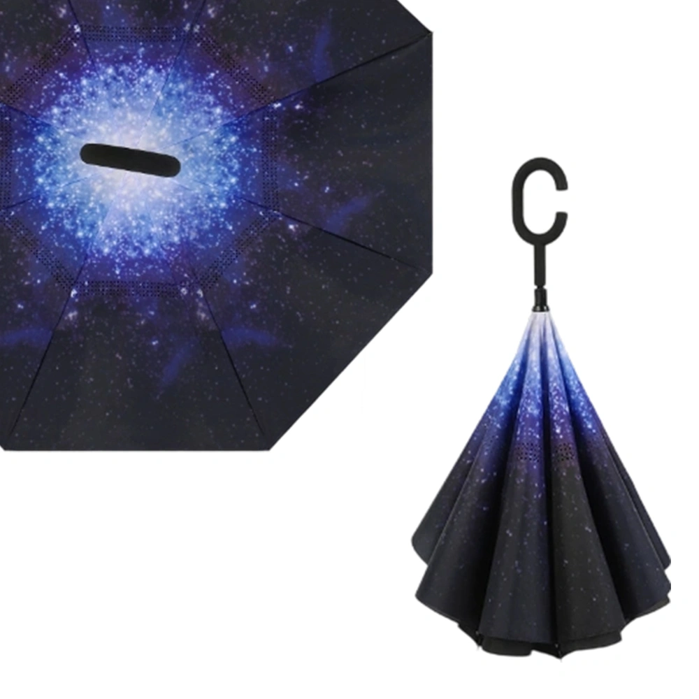 Starry Sky Pattern Double Layer Inverted Umbrella, Reverse Open Folding for Cars, Windproof UV Protection, Large Self Standing, Upside Down with C Handle view 3