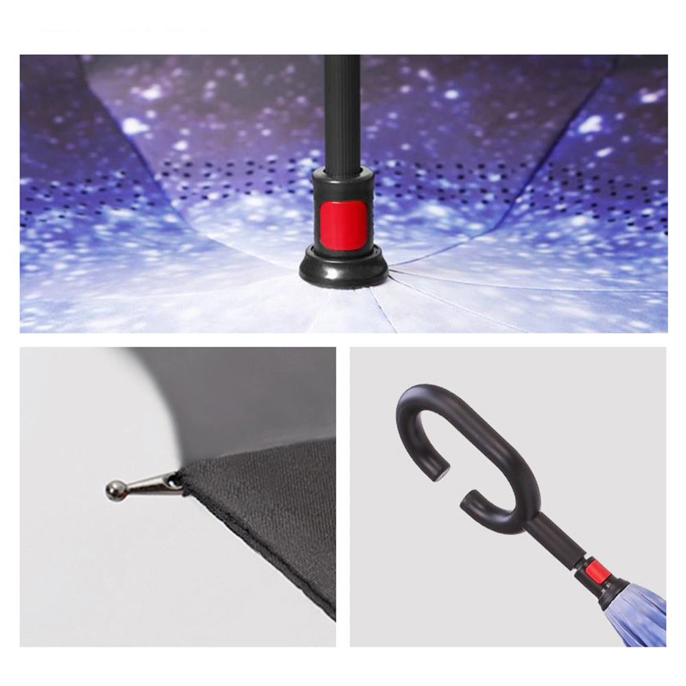 Starry Sky Pattern Double Layer Inverted Umbrella, Reverse Open Folding for Cars, Windproof UV Protection, Large Self Standing, Upside Down with C Handle view 4