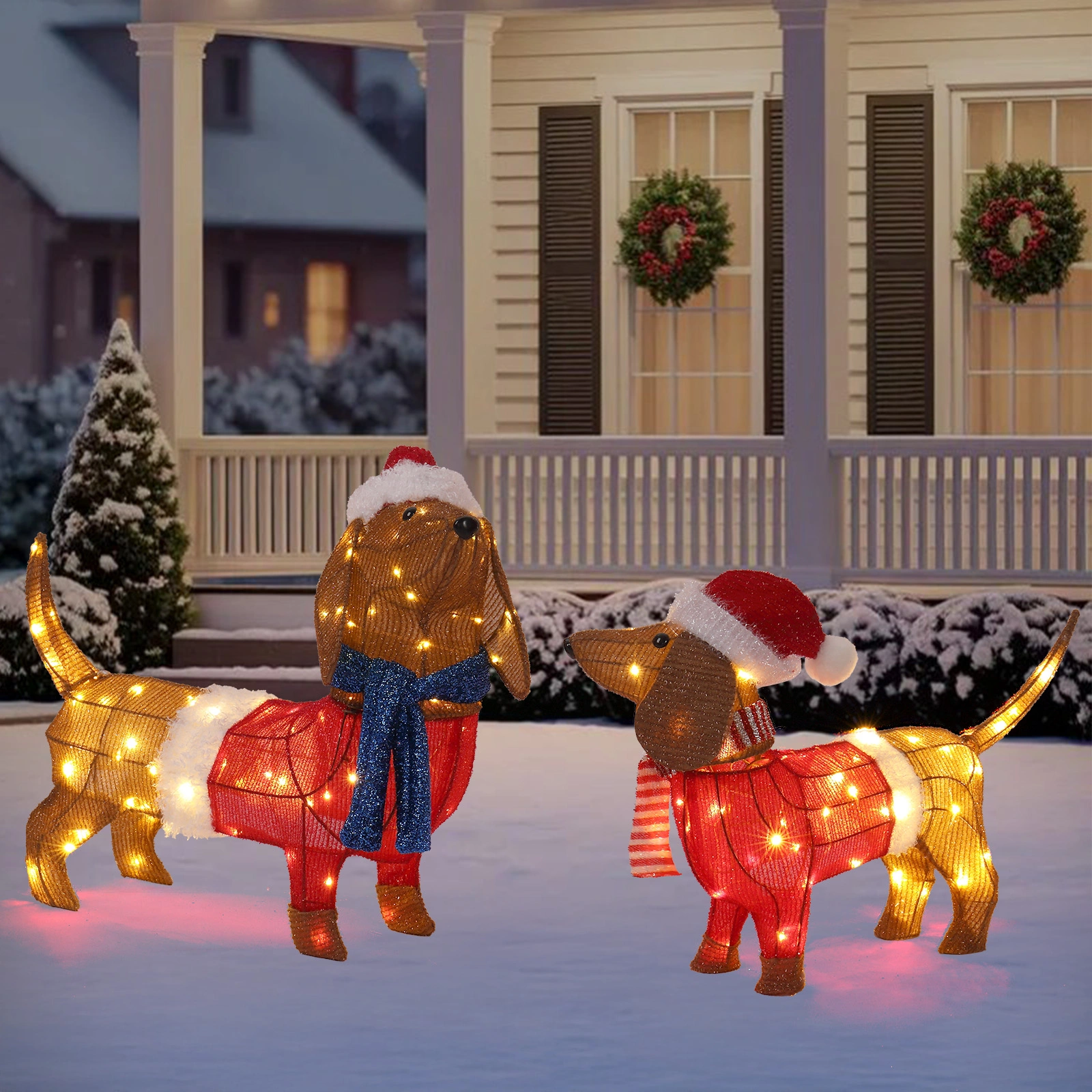 Set of 2 Lighted Dachshund Dog Christmas Decor, Pre-lit with 115 Warm White LED Lights, Brown, Indoor Outdoor Xmas Holiday Display view 4