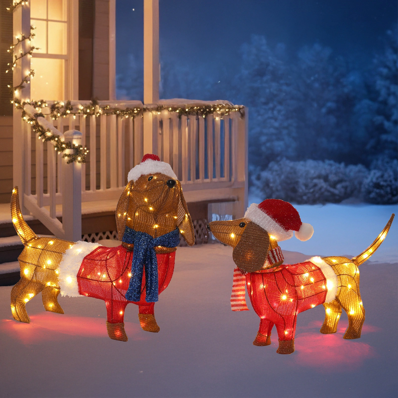 Set of 2 Lighted Dachshund Dog Christmas Decor, Pre-lit with 115 Warm White LED Lights, Brown, Indoor Outdoor Xmas Holiday Display view 5