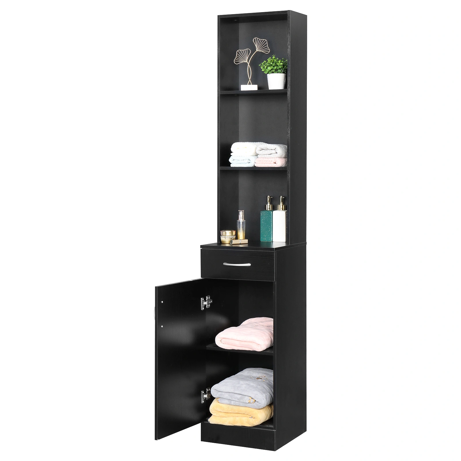 MDF With Triamine One Door One Drawer Three Compartments High Cabinet Bathroom Wall Cabinet Black view 10