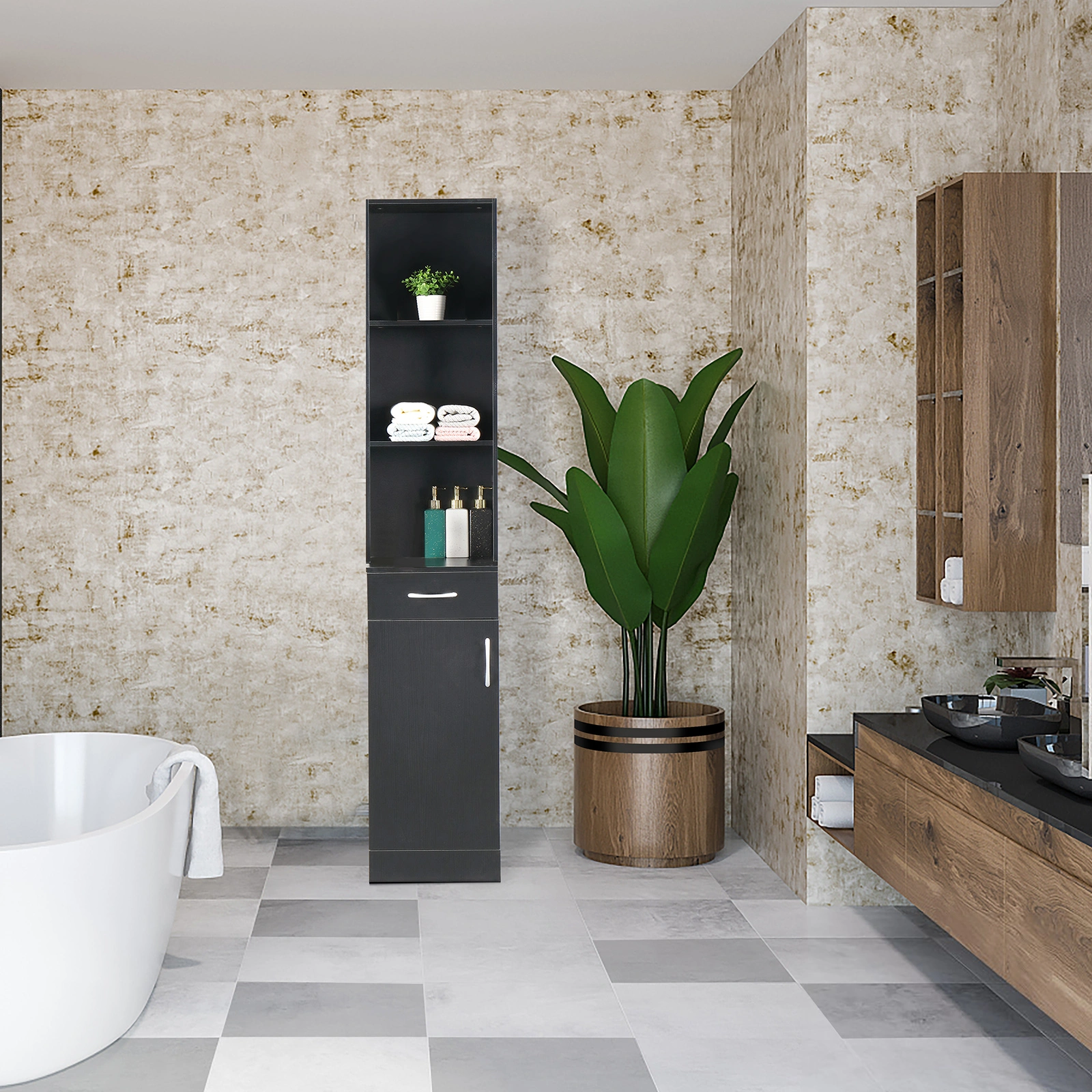 MDF With Triamine One Door One Drawer Three Compartments High Cabinet Bathroom Wall Cabinet Black view 15