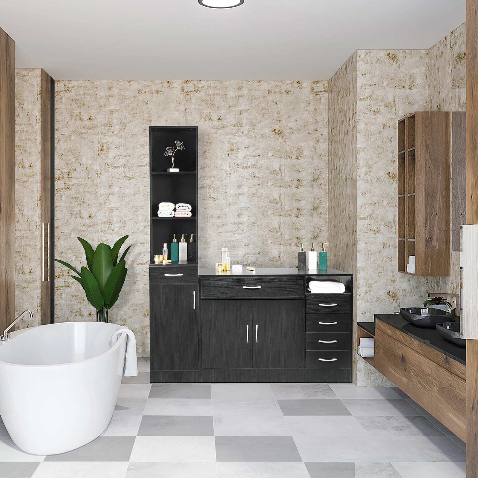 MDF With Triamine One Door One Drawer Three Compartments High Cabinet Bathroom Wall Cabinet Black view 16