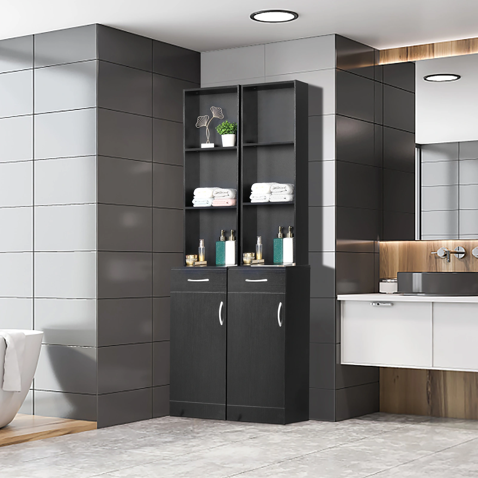 MDF With Triamine One Door One Drawer Three Compartments High Cabinet Bathroom Wall Cabinet Black view 17
