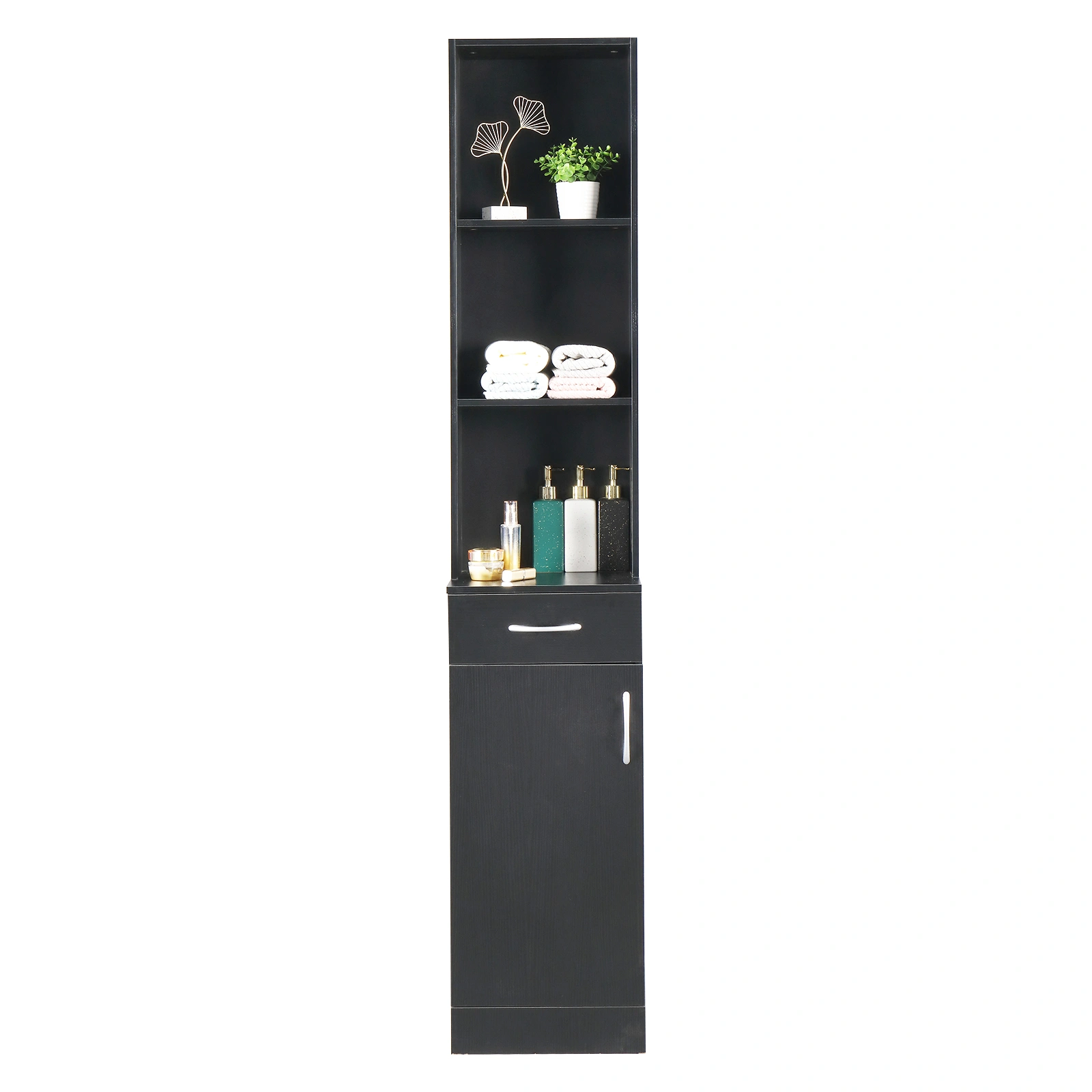 MDF With Triamine One Door One Drawer Three Compartments High Cabinet Bathroom Wall Cabinet Black view 6
