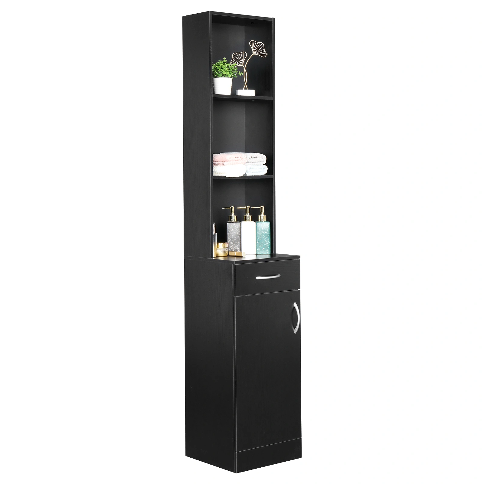 MDF With Triamine One Door One Drawer Three Compartments High Cabinet Bathroom Wall Cabinet Black view 7