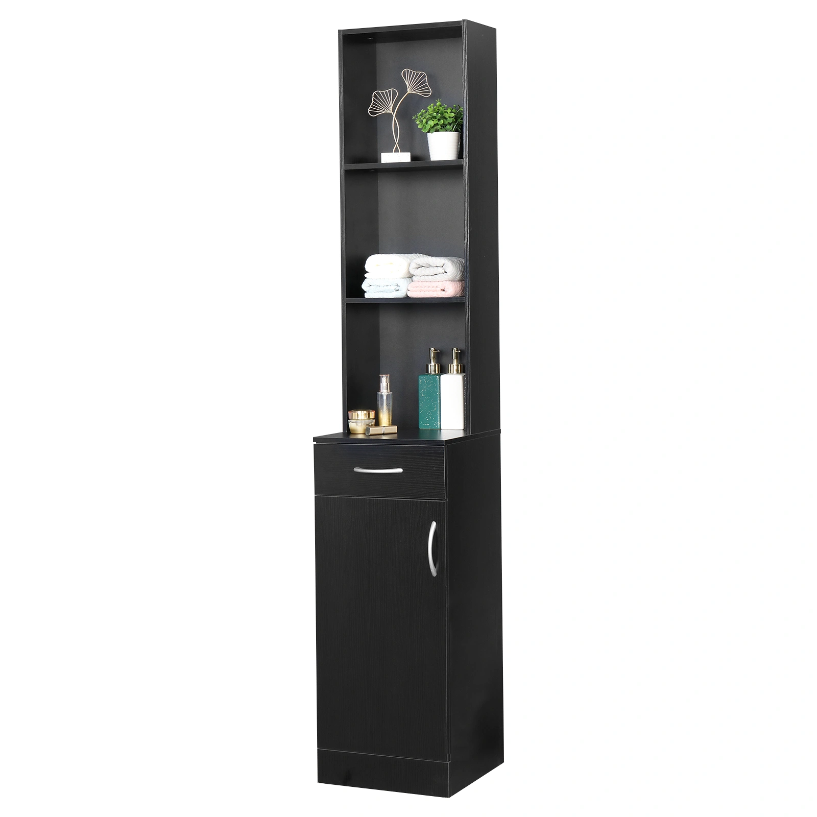 MDF With Triamine One Door One Drawer Three Compartments High Cabinet Bathroom Wall Cabinet Black view 8