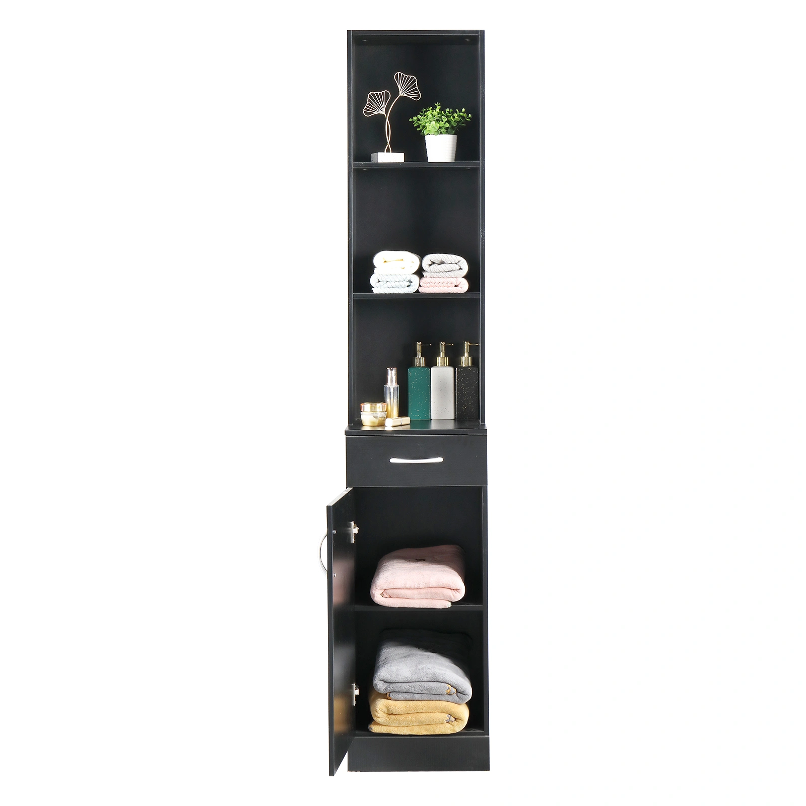 MDF With Triamine One Door One Drawer Three Compartments High Cabinet Bathroom Wall Cabinet Black view 9