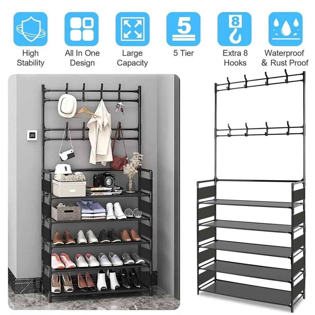 5-Tier Metal Coat and Hat Stand with 8 Hooks, Shoe Rack Organizer with Storage Shelf, Entryway Hallway Coat Hanger Stand, Black view 4