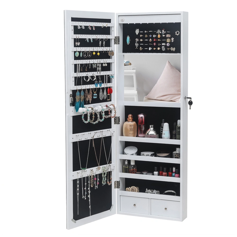 White Wooden Wall Mounted Mirror Cabinet 4-Tier Shelf 2 Drawers Built-in Mirror 8 Blue LED Lights Jewelry Storage view 3