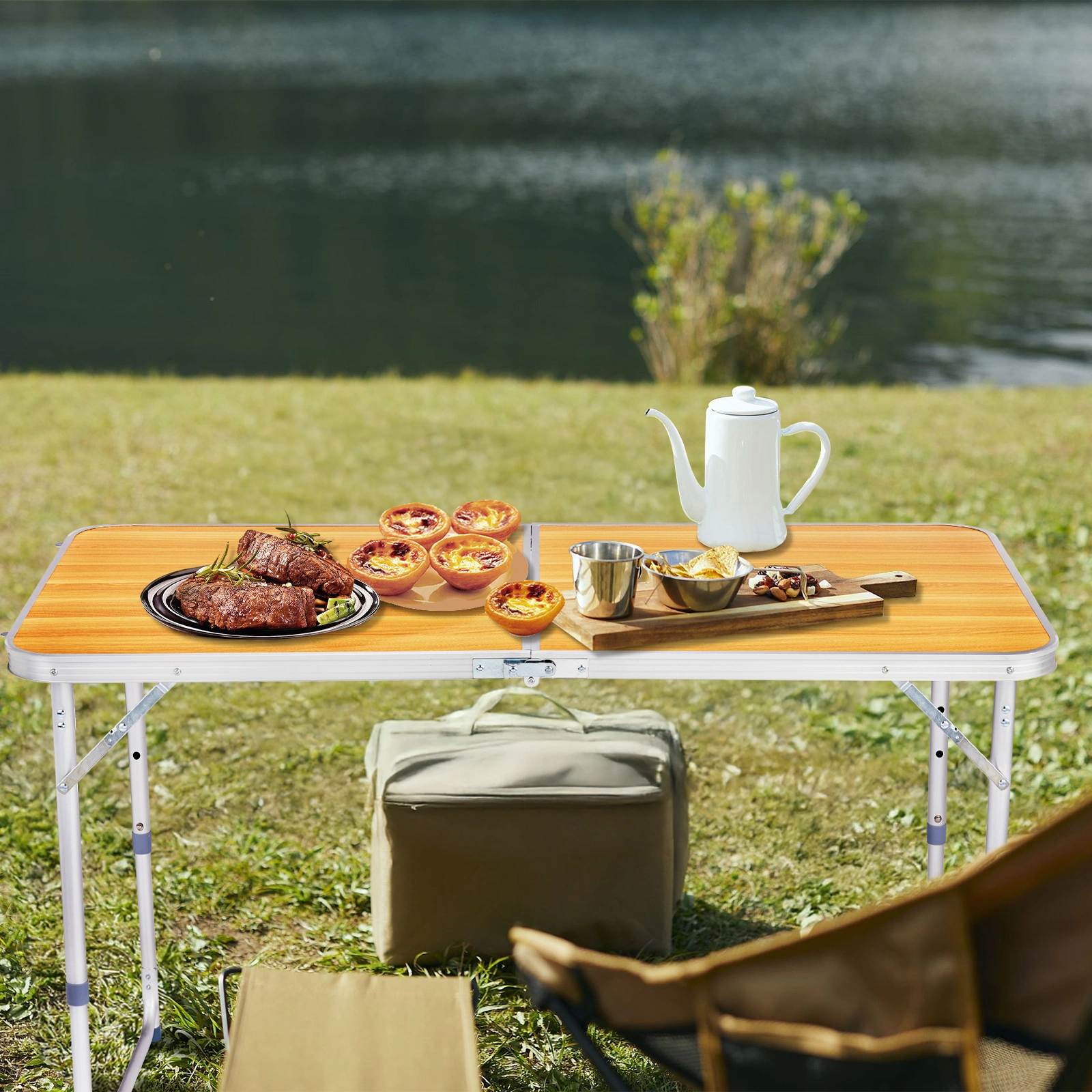 4Ft Portable Multipurpose Folding Table wood grain color view 6