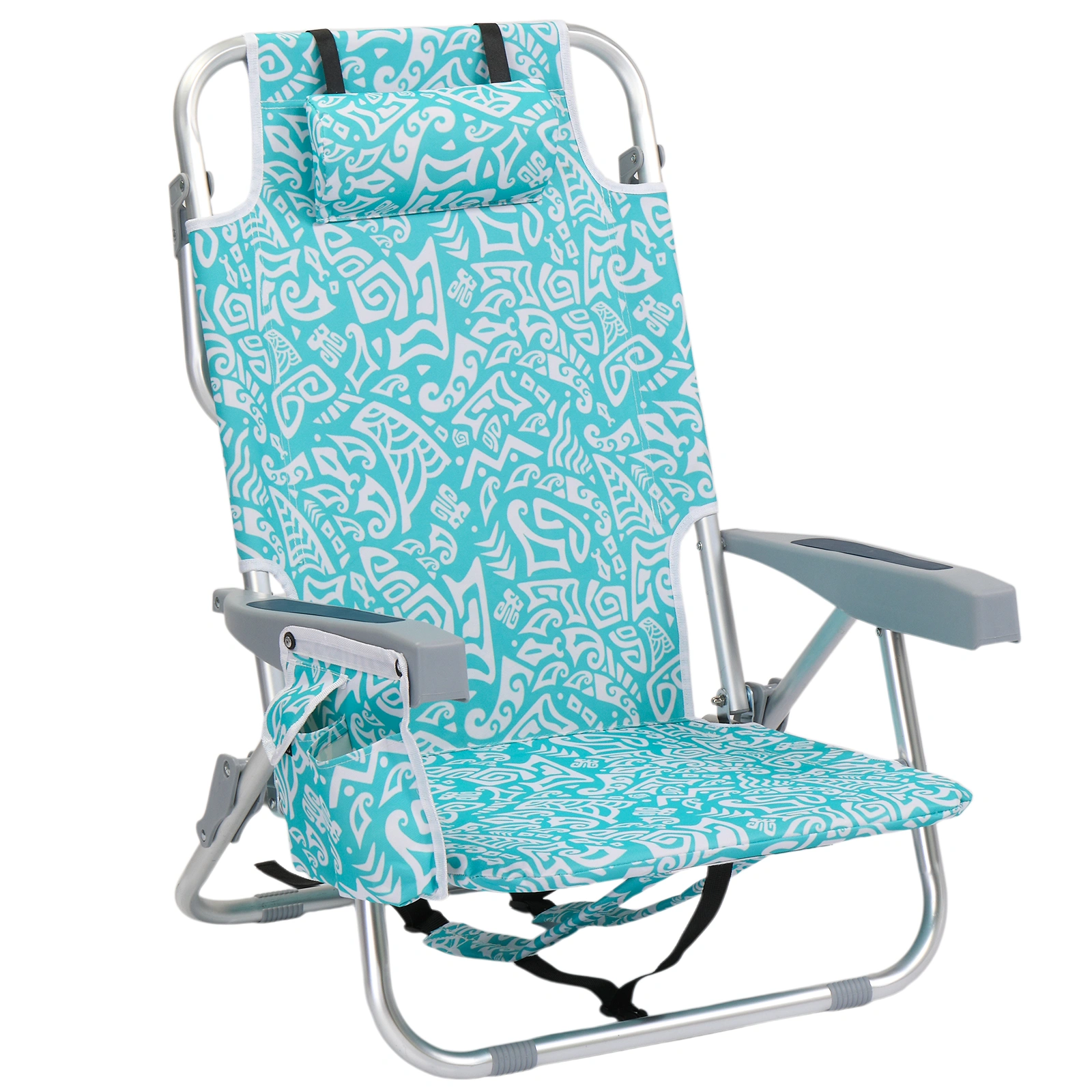 1 PCS Aluminum Beach Chair, 8.5 Inch Seat Height Teal Tribal Pattern, Adjustable Folding Chair with Headrest, Shoulder Strap, 2-in-1 Cup Holder Side Pocket, Back Cooler Bag, Integrated Oxford Fabric with Crossbar, 5 Positions Reclining Lounger, 63x10