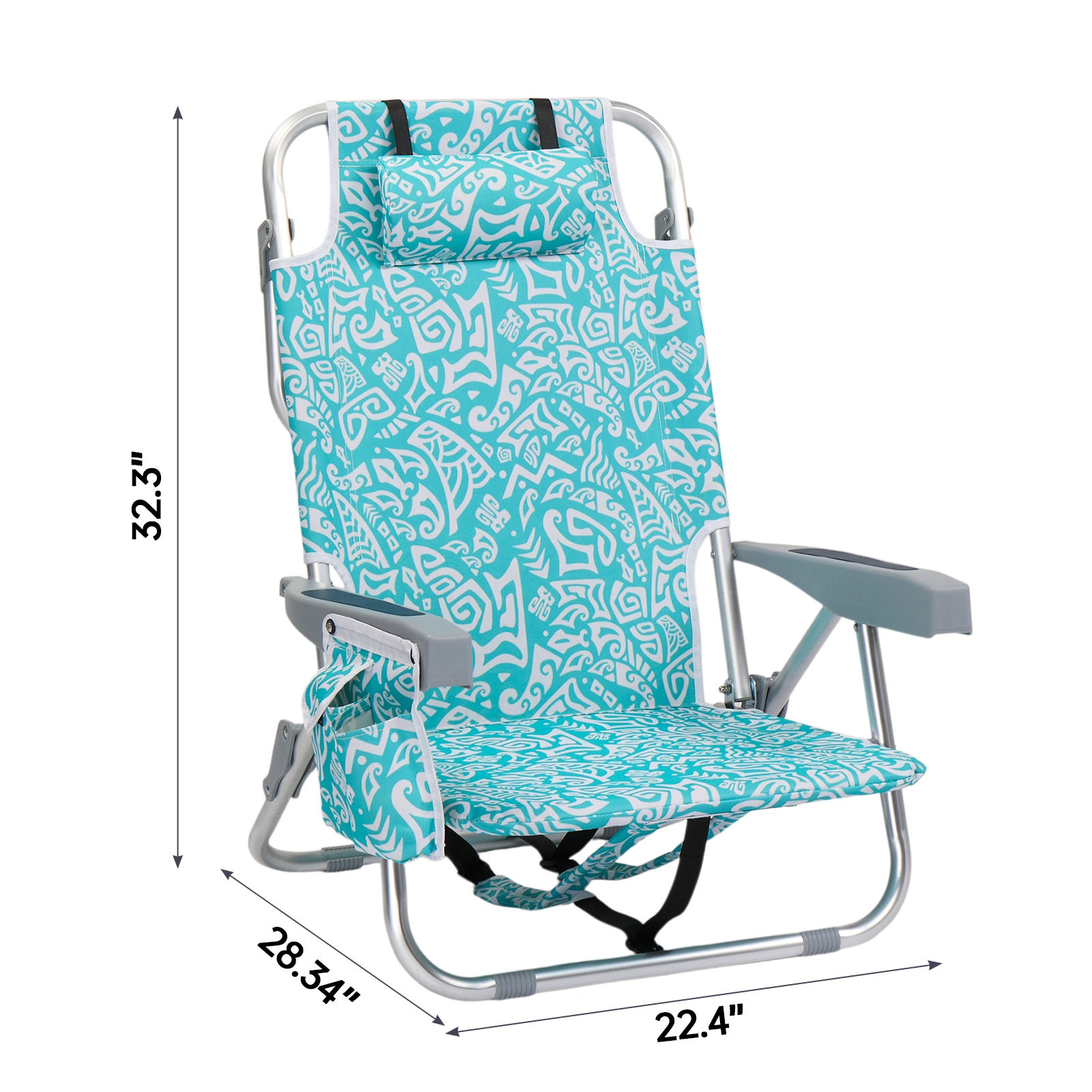 1 PCS Aluminum Beach Chair, 8.5 Inch Seat Height Teal Tribal Pattern, Adjustable Folding Chair with Headrest, Shoulder Strap, 2-in-1 Cup Holder Side Pocket, Back Cooler Bag, Integrated Oxford Fabric with Crossbar, 5 Positions Reclining Lounger, 63x10 view 15