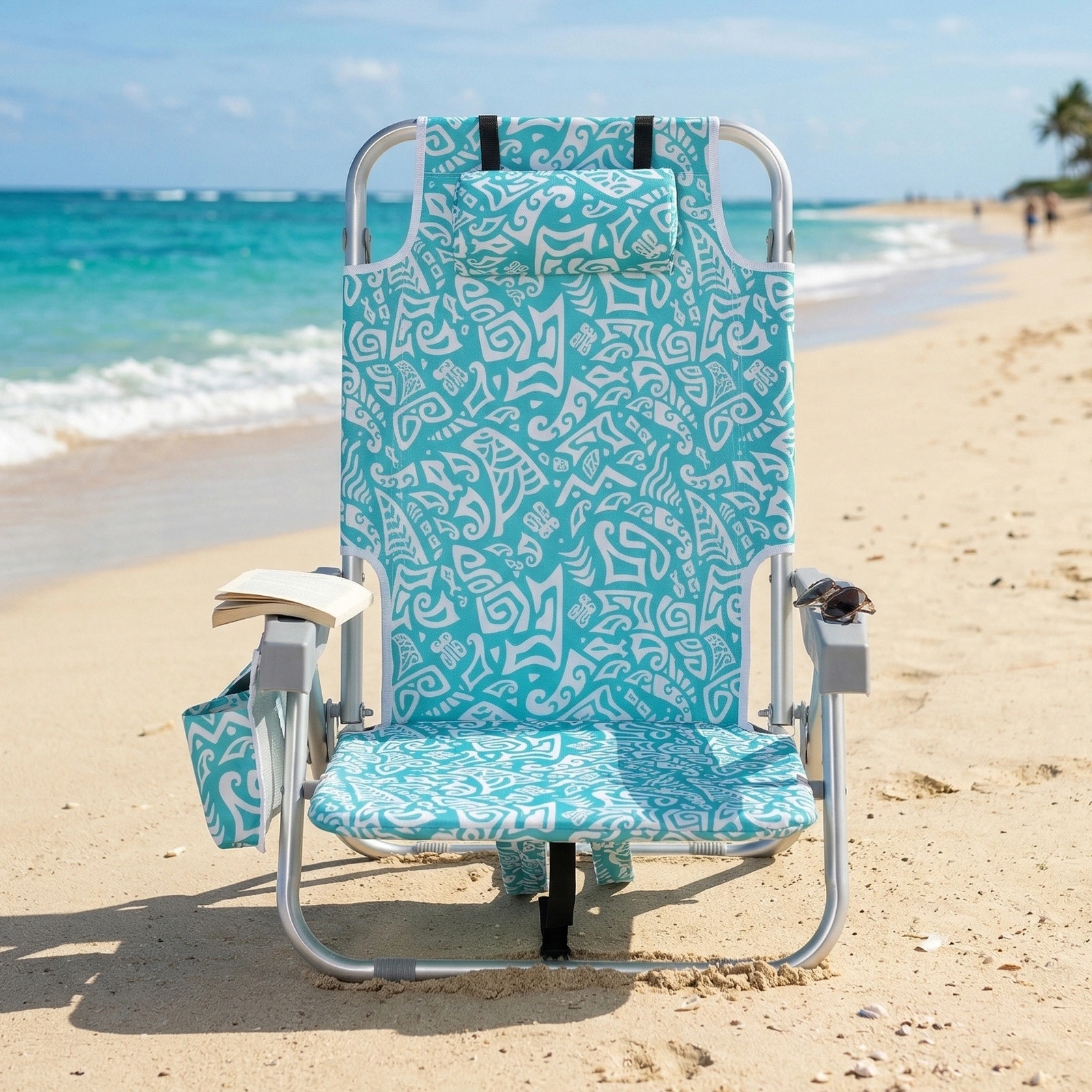 1 PCS Aluminum Beach Chair, 8.5 Inch Seat Height Teal Tribal Pattern, Adjustable Folding Chair with Headrest, Shoulder Strap, 2-in-1 Cup Holder Side Pocket, Back Cooler Bag, Integrated Oxford Fabric with Crossbar, 5 Positions Reclining Lounger, 63x10 view 17