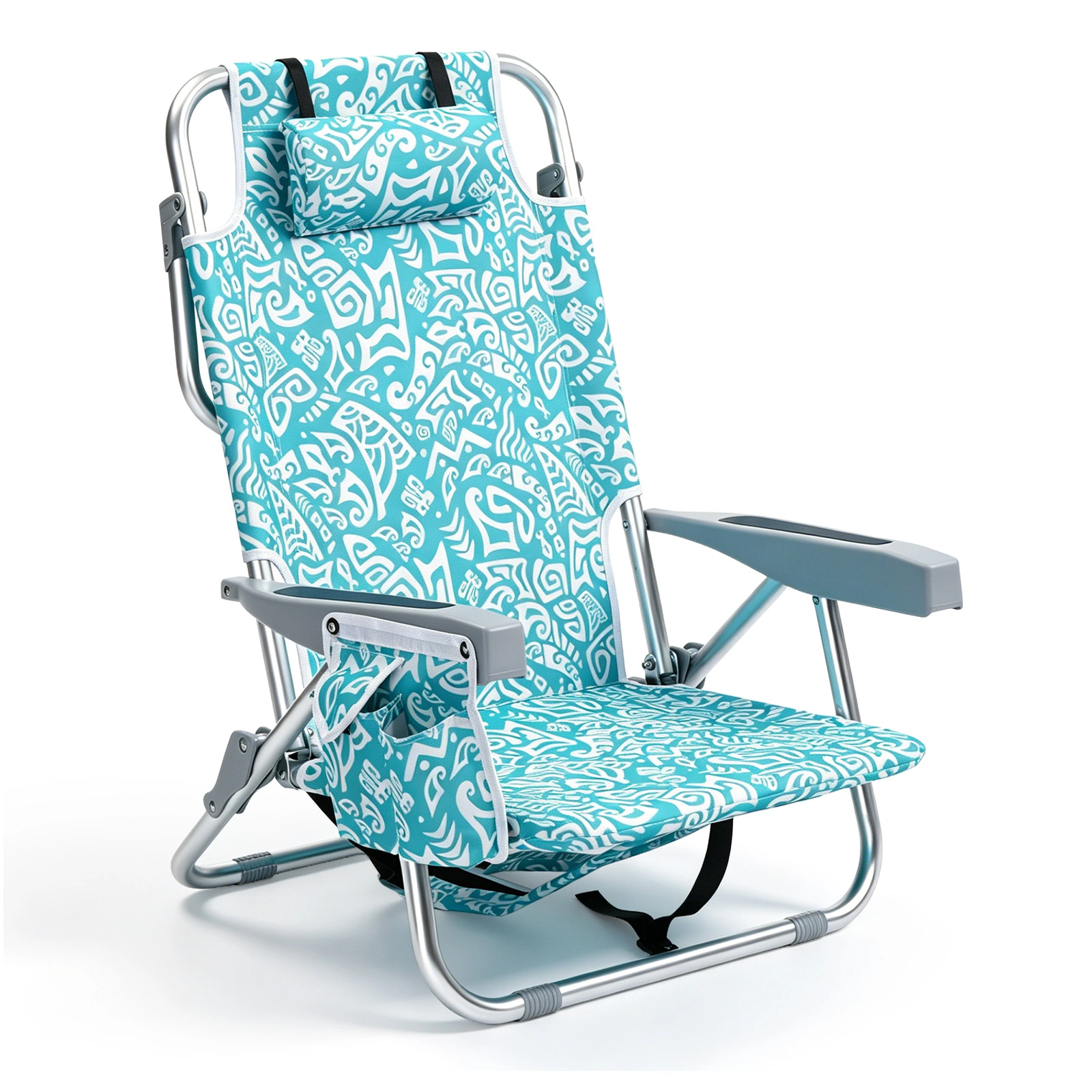 1 PCS Aluminum Beach Chair, 8.5 Inch Seat Height Teal Tribal Pattern, Adjustable Folding Chair with Headrest, Shoulder Strap, 2-in-1 Cup Holder Side Pocket, Back Cooler Bag, Integrated Oxford Fabric with Crossbar, 5 Positions Reclining Lounger, 63x10 view 18