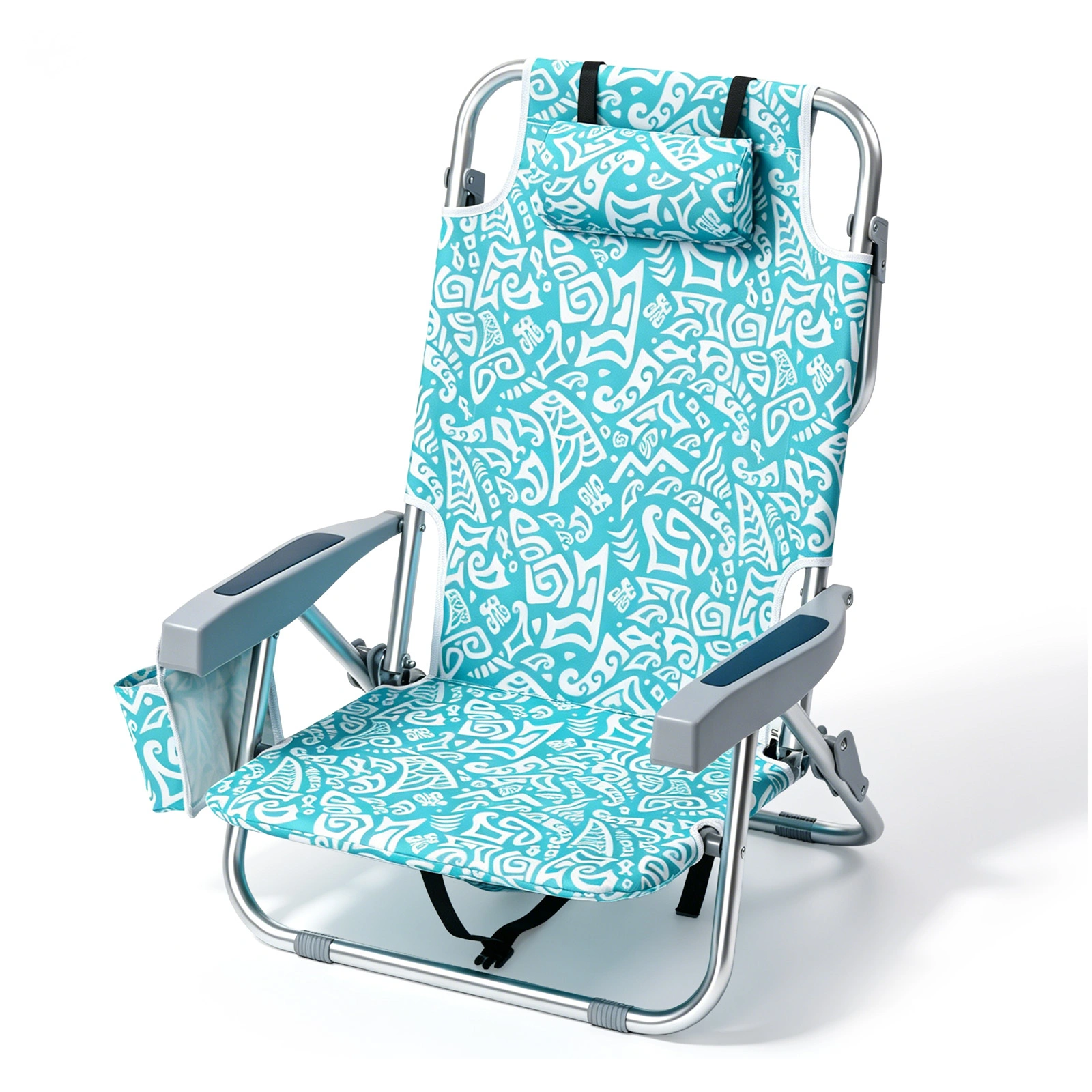 1 PCS Aluminum Beach Chair, 8.5 Inch Seat Height Teal Tribal Pattern, Adjustable Folding Chair with Headrest, Shoulder Strap, 2-in-1 Cup Holder Side Pocket, Back Cooler Bag, Integrated Oxford Fabric with Crossbar, 5 Positions Reclining Lounger, 63x10 view 19
