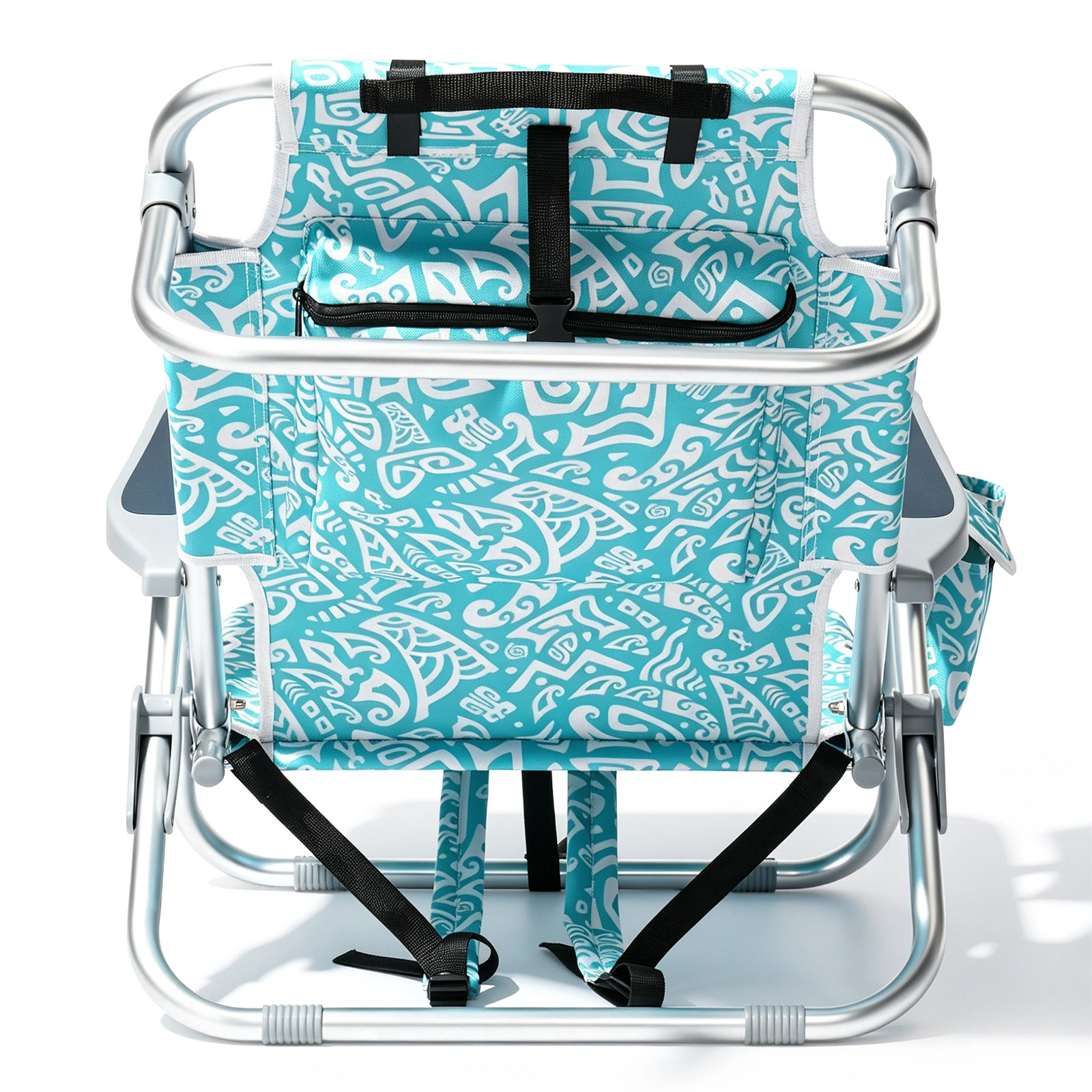 1 PCS Aluminum Beach Chair, 8.5 Inch Seat Height Teal Tribal Pattern, Adjustable Folding Chair with Headrest, Shoulder Strap, 2-in-1 Cup Holder Side Pocket, Back Cooler Bag, Integrated Oxford Fabric with Crossbar, 5 Positions Reclining Lounger, 63x10 view 20