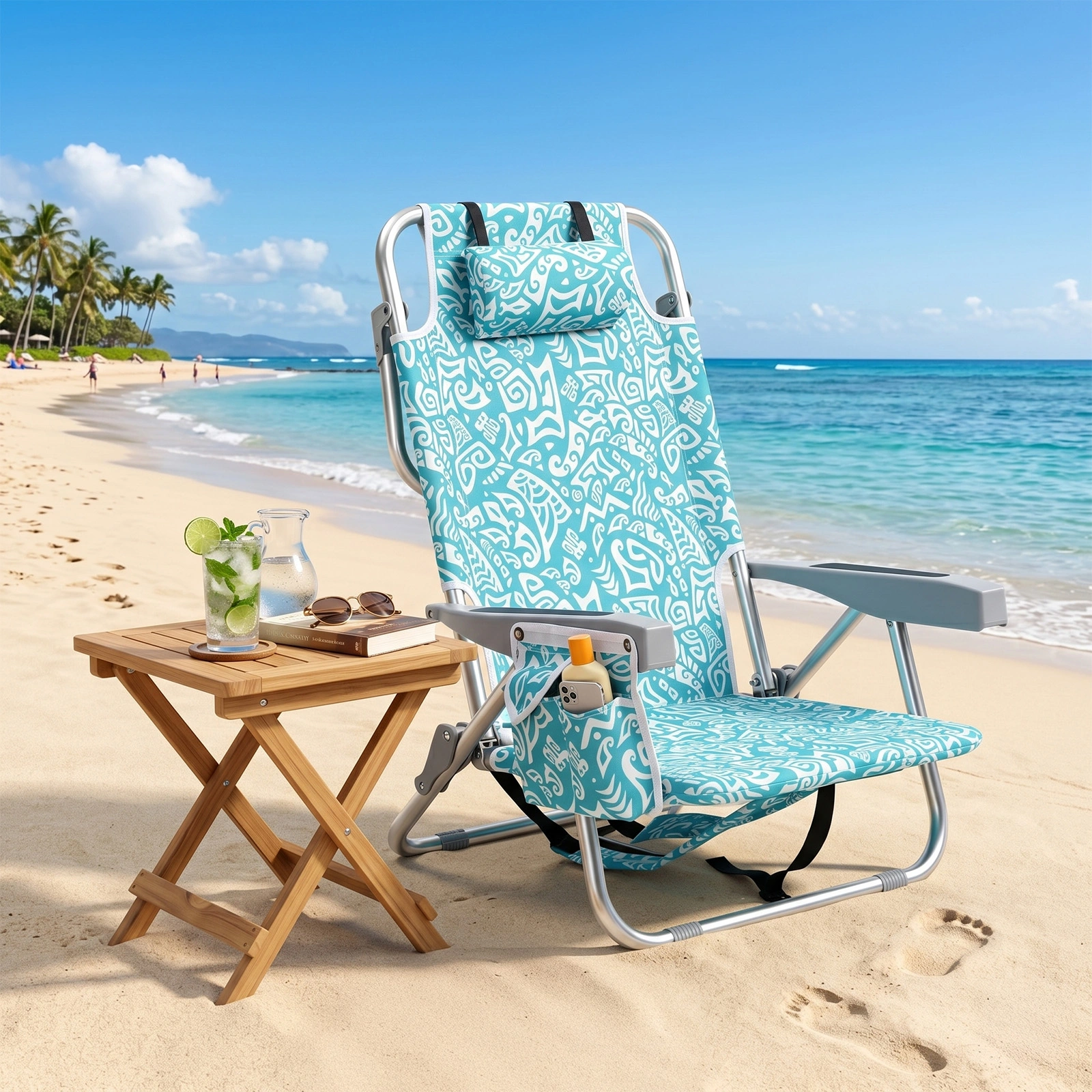 1 PCS Aluminum Beach Chair, 8.5 Inch Seat Height Teal Tribal Pattern, Adjustable Folding Chair with Headrest, Shoulder Strap, 2-in-1 Cup Holder Side Pocket, Back Cooler Bag, Integrated Oxford Fabric with Crossbar, 5 Positions Reclining Lounger, 63x10 view 22